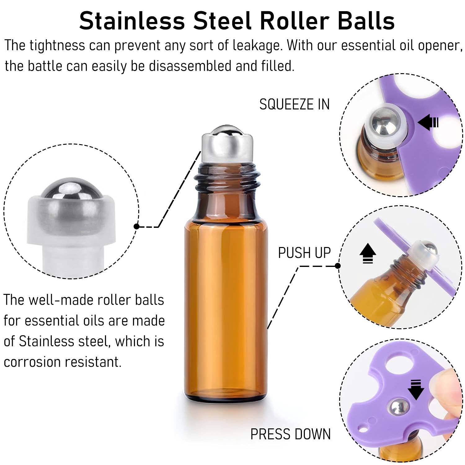 Easytle Essential Oil Roller Bottles  24 Pack Amber Glass Roller Bottles 5ml  Roller Balls for Essential Oils  Roll on Bottles (96 Pieces Labels  4 Funnels  4 Dropper  2 Opener)