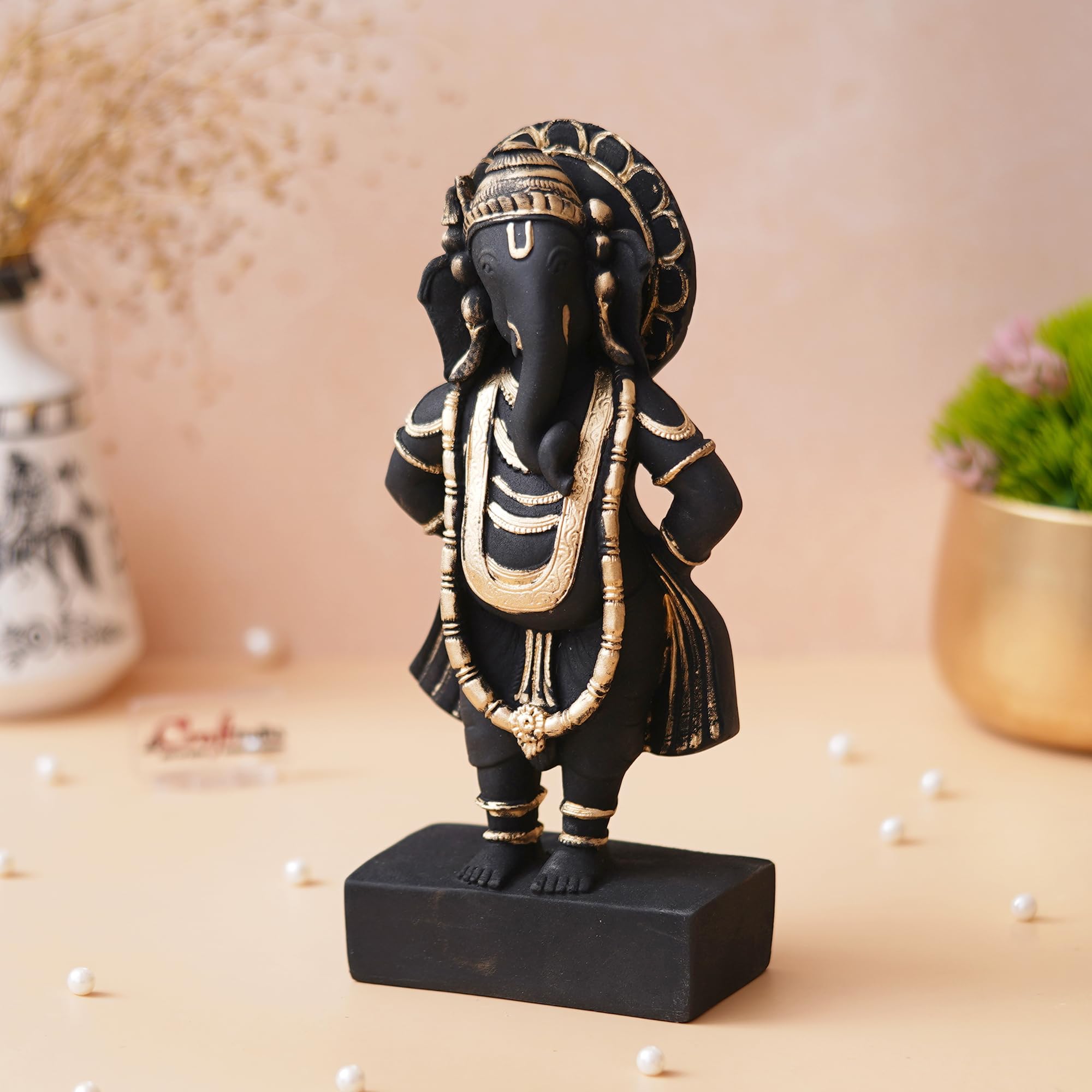 Ecraftindia Black & Golden Polyresin Handcrafted Standing Lord Ganesha Statue