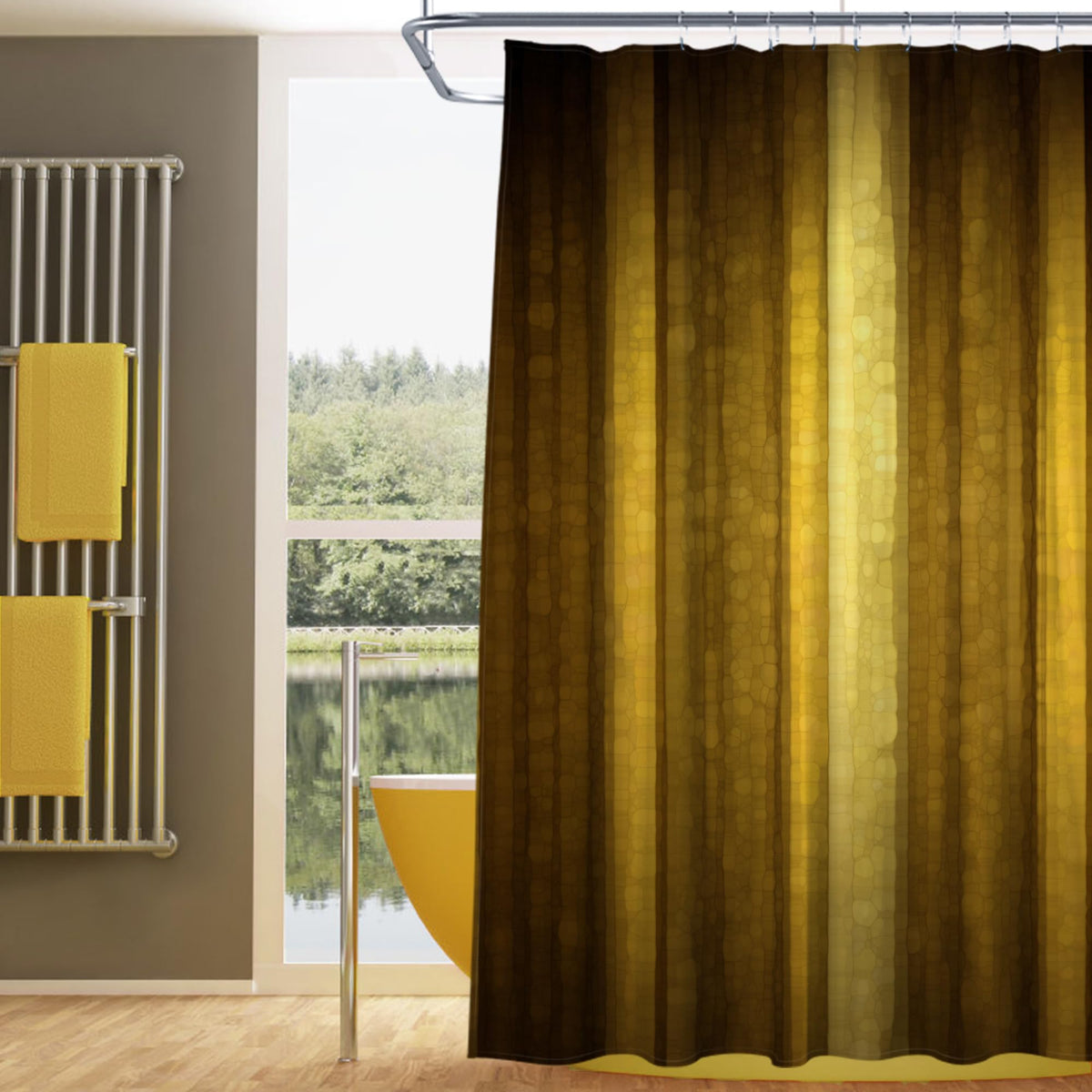 Gibelle Gold Ombre Shower Curtain, Abstract Modern Luxury Waterproof Fabric Shower Curtain, Cool Glass Texture Gold Bathroom Acc