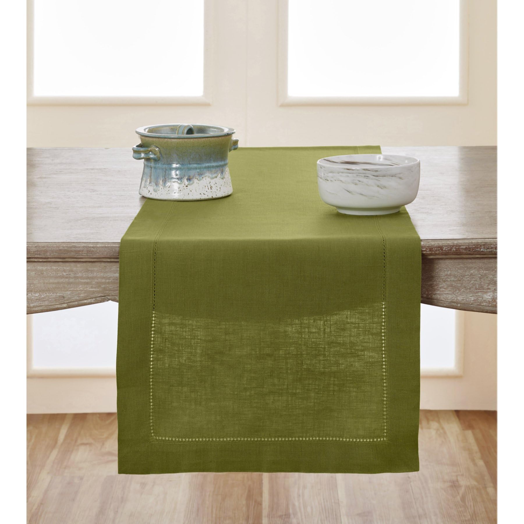 Solino Home Linen Avocado Table Runner 90 Inches Long - 100% Pure Linen Classic Hemstitch Dining Table Runner 14 X 90 Inch Ideal
