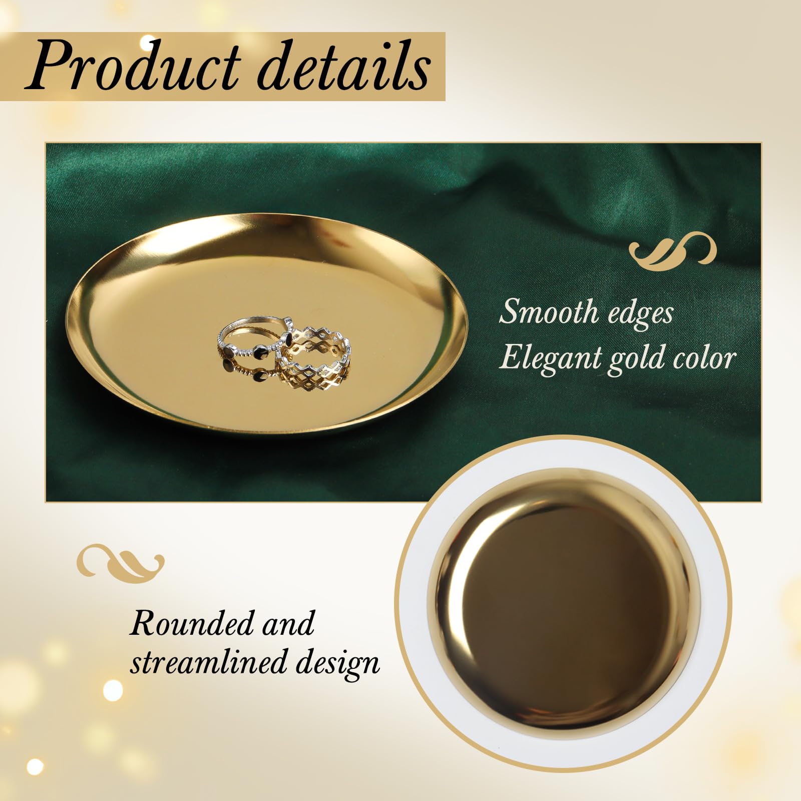 Wexpw 2 Pack Gold Jewelry Dish Plate 4Inch Stainless Steel Small Gold Decorative Jewelry Tray Golden Tray Round Metal Tray Gold