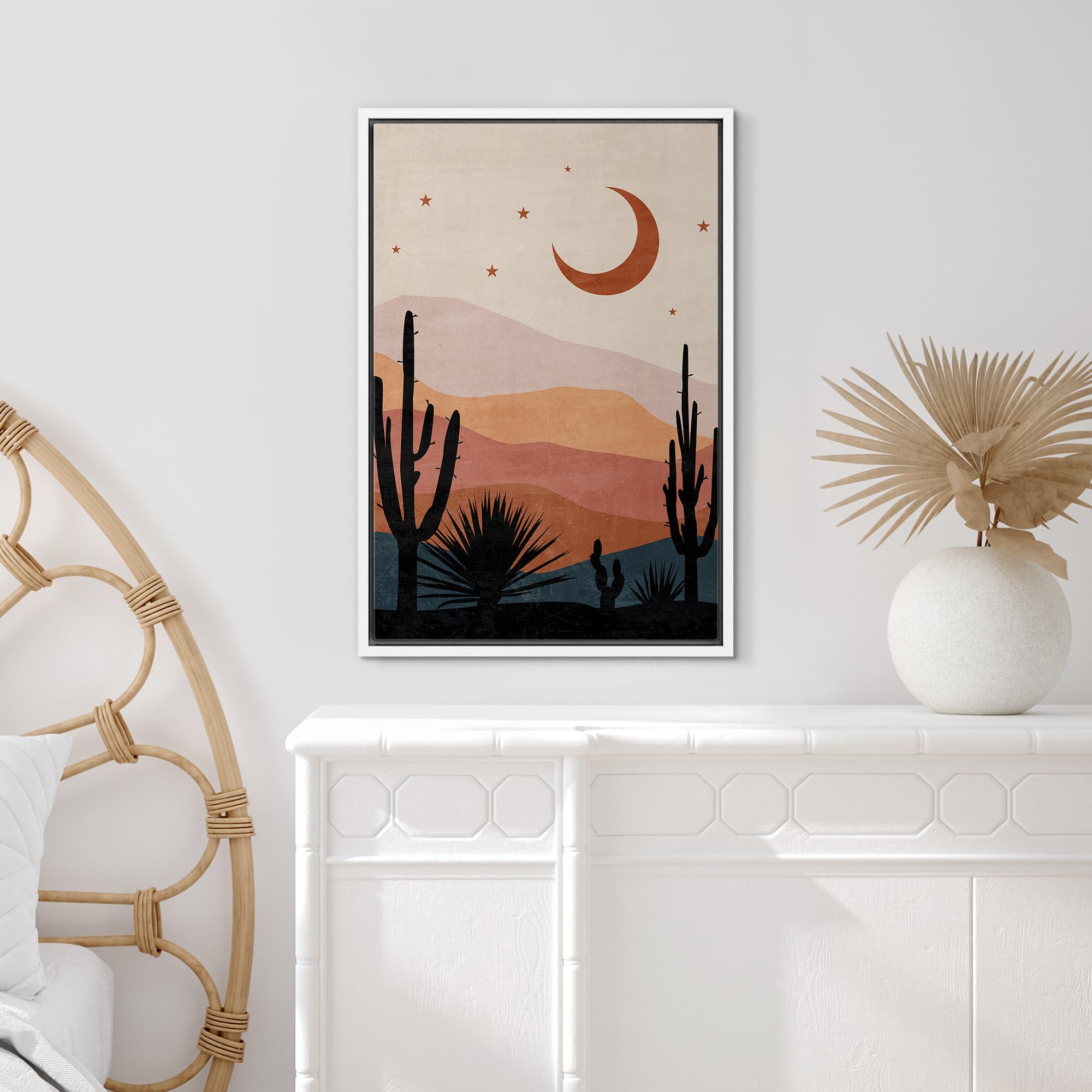 Signford Framed Canvas Print Wall Art Desert Night Sky With Crescent Moon And Stars Nature Wilderness Illustrations Modern Art D