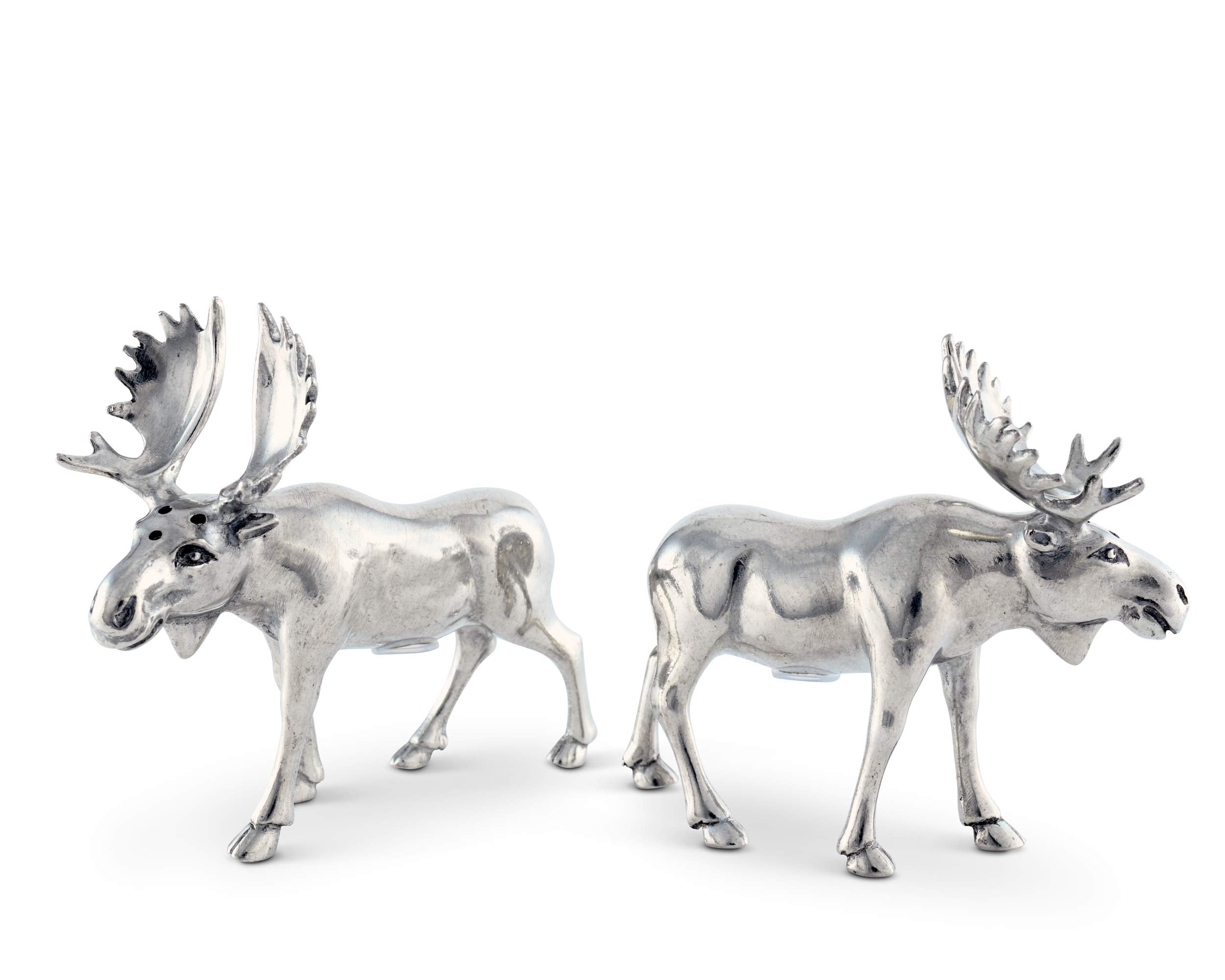Vagabond House Pewter Metal Moose Salt And Pepper Set Artisan Designer Handcrafted For Cabin Lodge Mountain D  Cor 4.5 Inch Tall