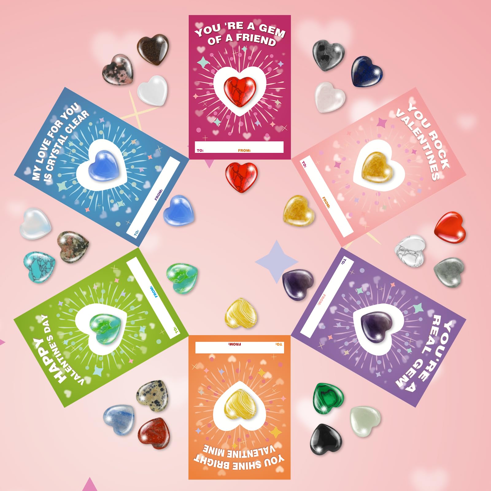 Valentines Day Cards For Kids School, 24 Set Valentines Day Gifts For Kids Classroom Exchange Gifts With Natural Heart Shape Gem