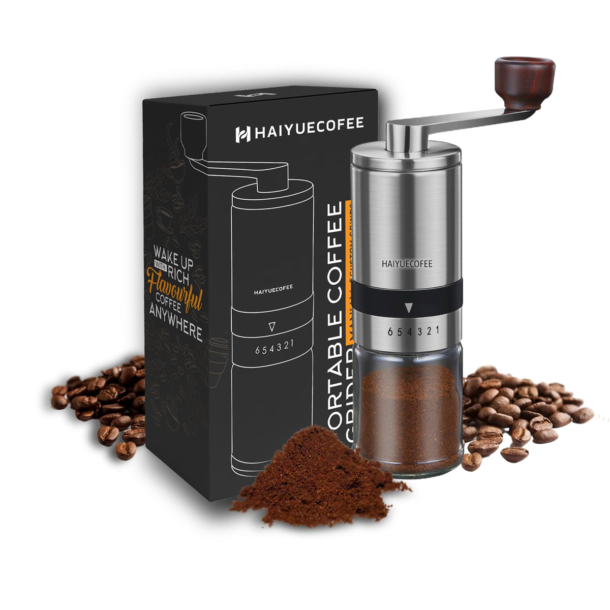 Haiyuecofee Manual Coffee Grinder With 6 Adjustable Coarseness Settings, Hand Crank Coffee Mill With Ceramic Burr For Espresso B