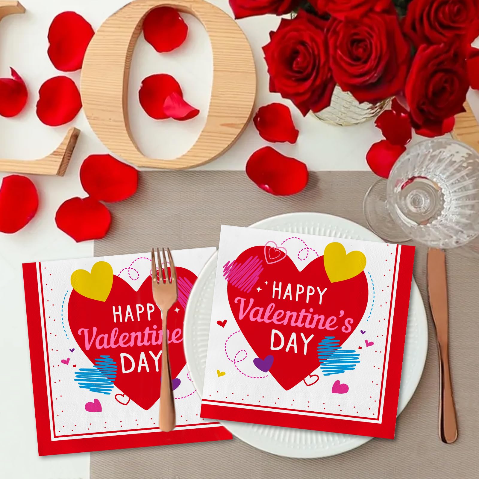 50-Pack Valentine'S Day Napkins 3-Ply - Love-Heart Themed Disposable Paper Napkins For Romantic Celebrations - 6.5'' Red Heart N