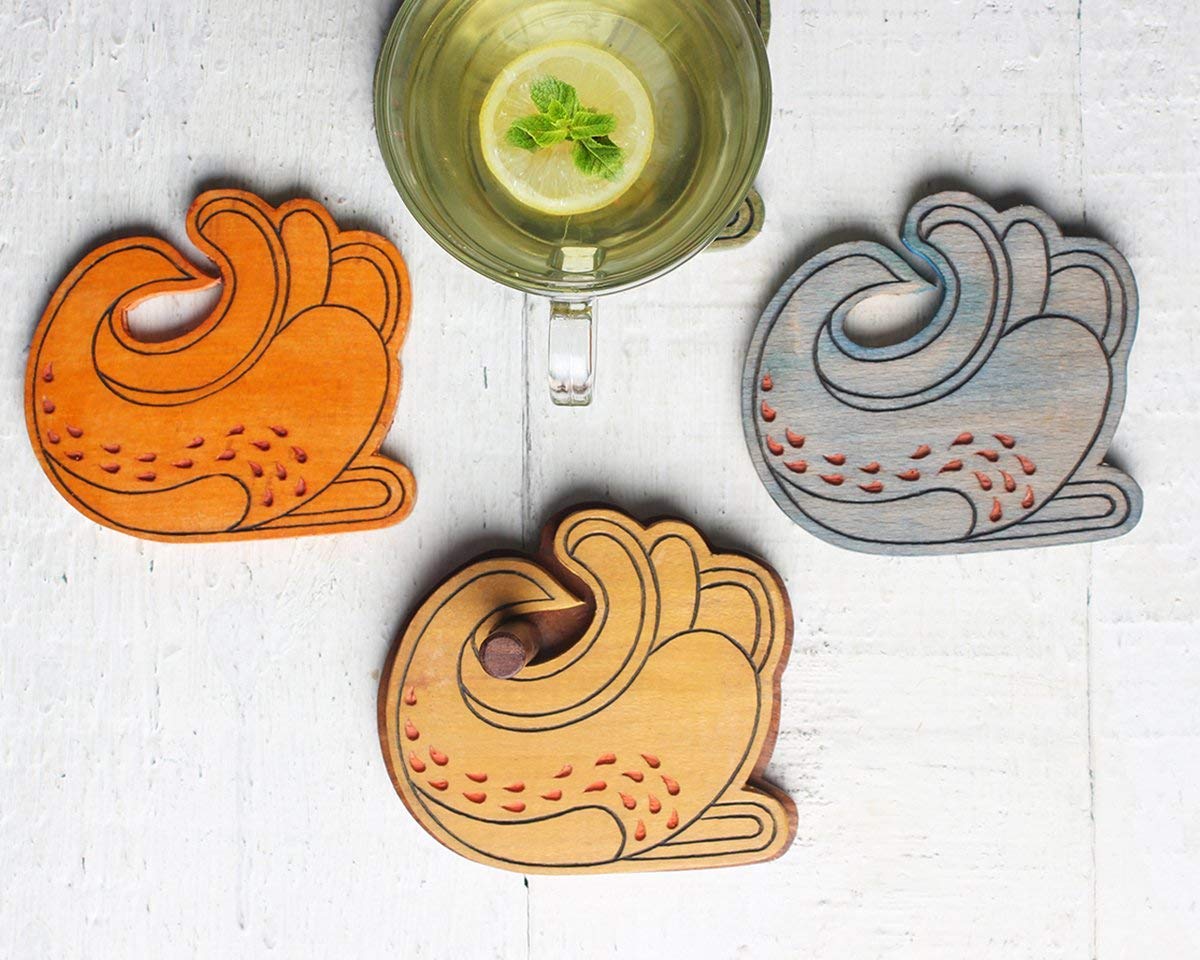 Store Indya Designed Wooden Coasters Set 4-Pack Set (Peacock Colorful)