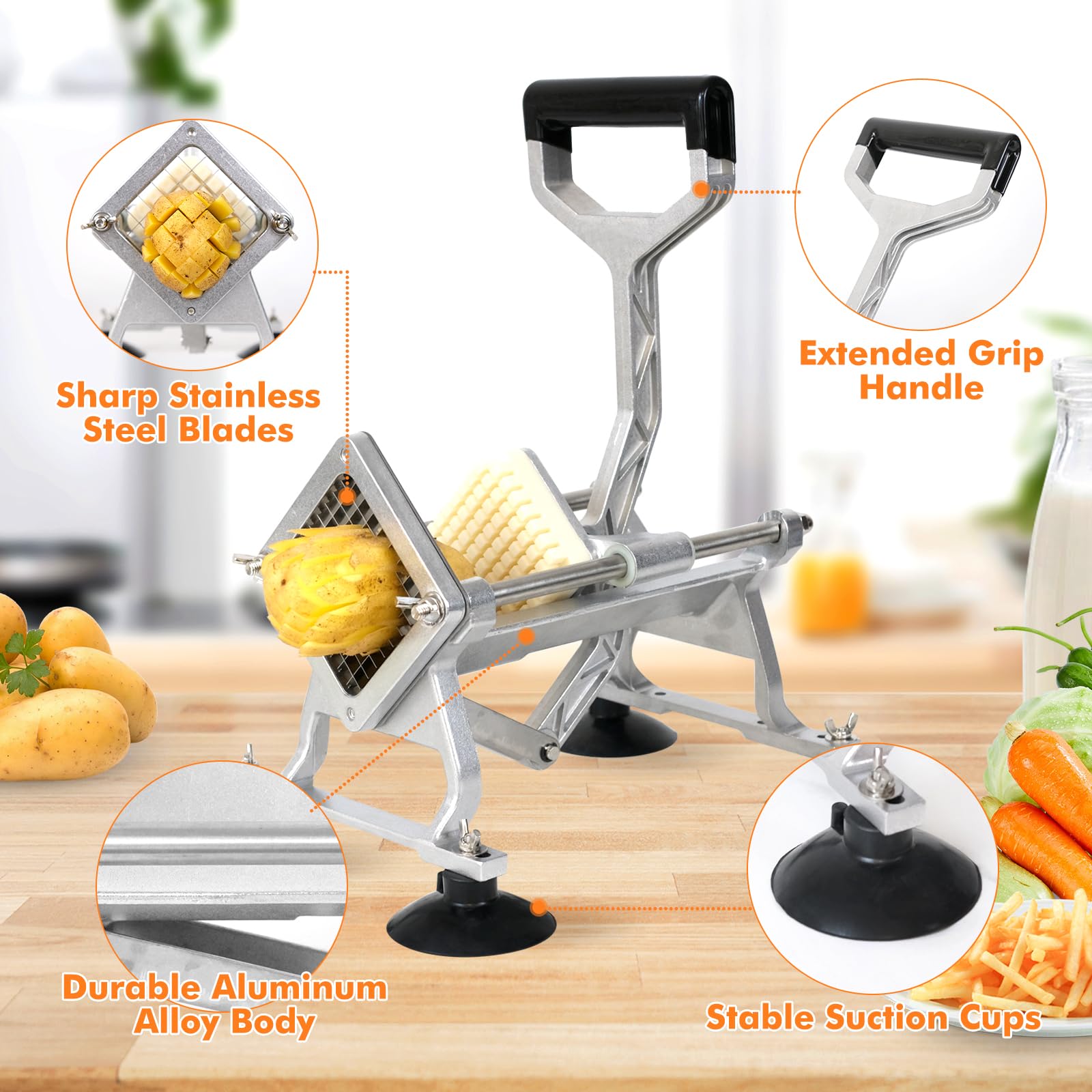 Anatole Commercial French Fry Cutter with 1/2'' 3/8'' 1/4'' 8-Wedge Stainless Steel Blades Professional Potato Cutter Dicer Manual Vegetable Chopper with Suction Cups for Carrot Cucumber Onion