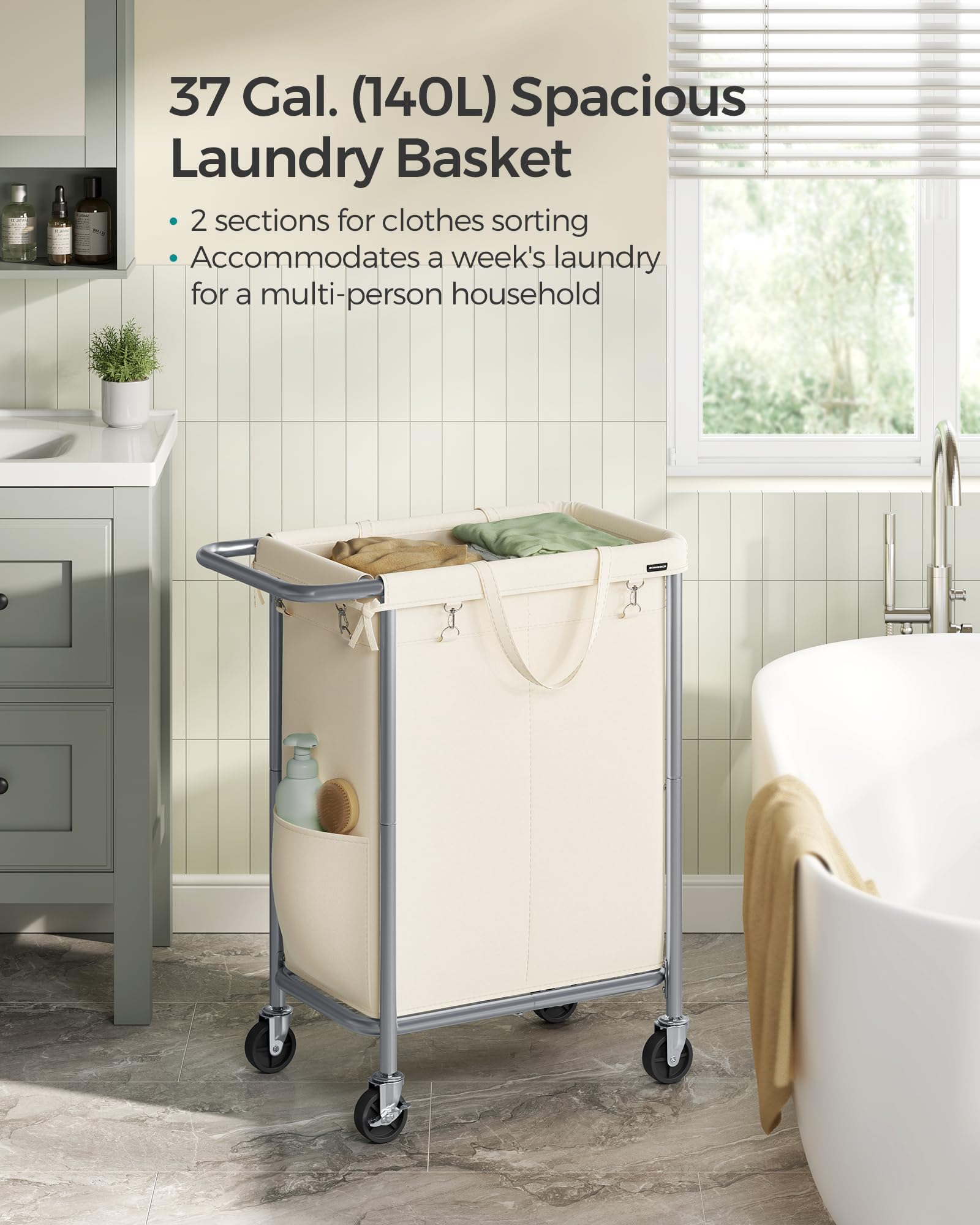 Songmics Laundry Basket With Wheels, 2-Section Rolling Laundry Hamper, 37 Gallons (140L), Removable Liner, Steel Frame With Hand