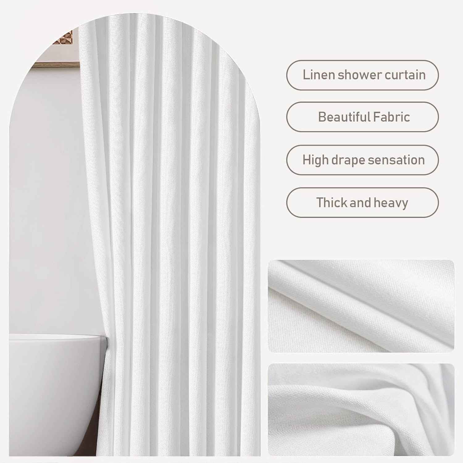 Awellife Extra Long White Linen Style Shower Curtain Set With 12 Durable Hooks- Off White Textured Fabric Heavy Cloth Shower Cur