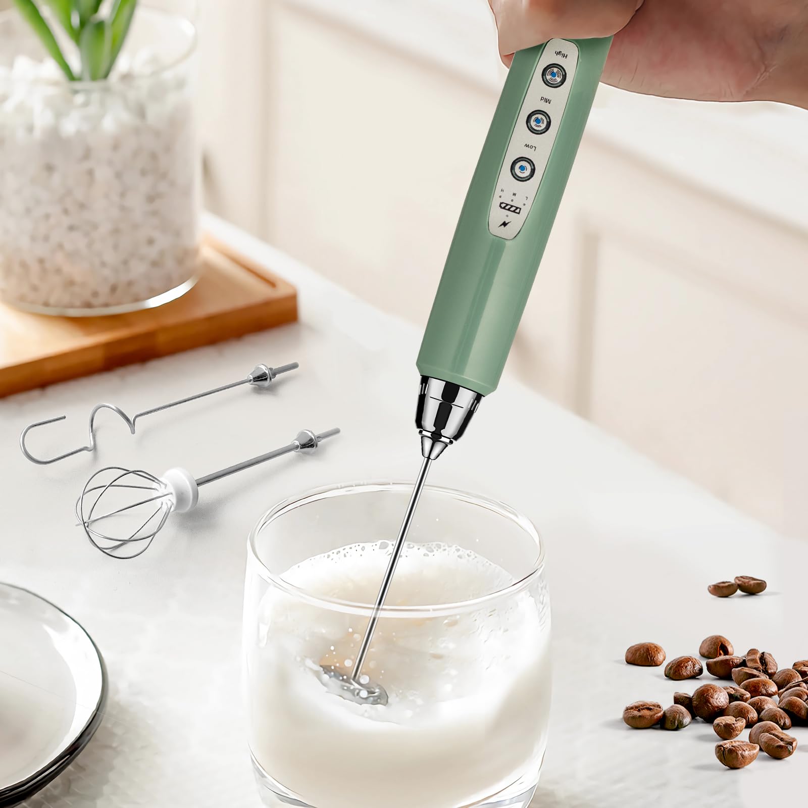 Sakgos Milk Frother Rechargeable Handheld-Electric Whisk 3 Speed Adjustable, Coffee Frother Wand With 3 Stainless Whisks, Electr