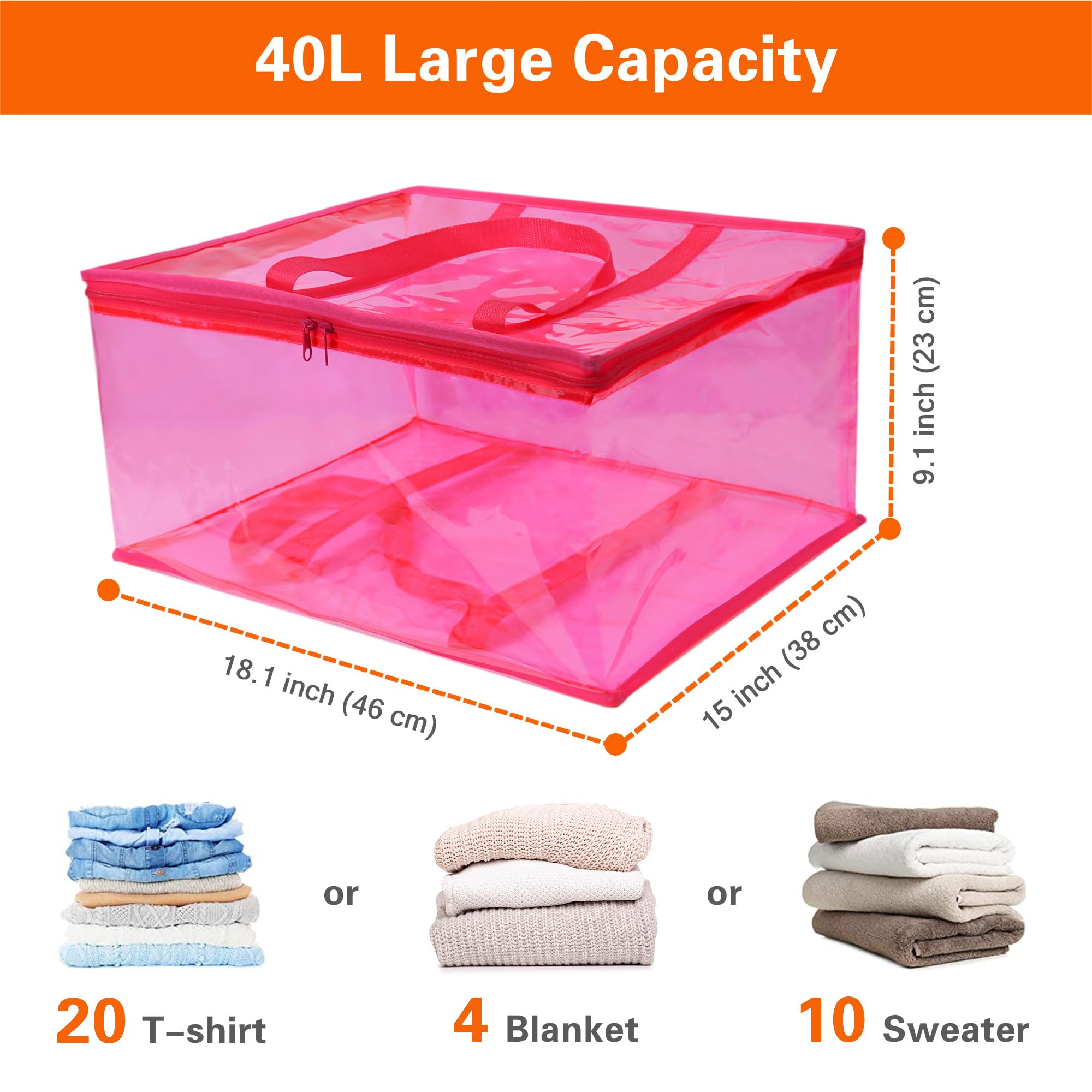 Vieshful Pink 40L Clear Clothes Storage Bag with Zipper 5 Pack Colorful Clothes Organizer Vinyl Storage Bag for Comforter, Blank