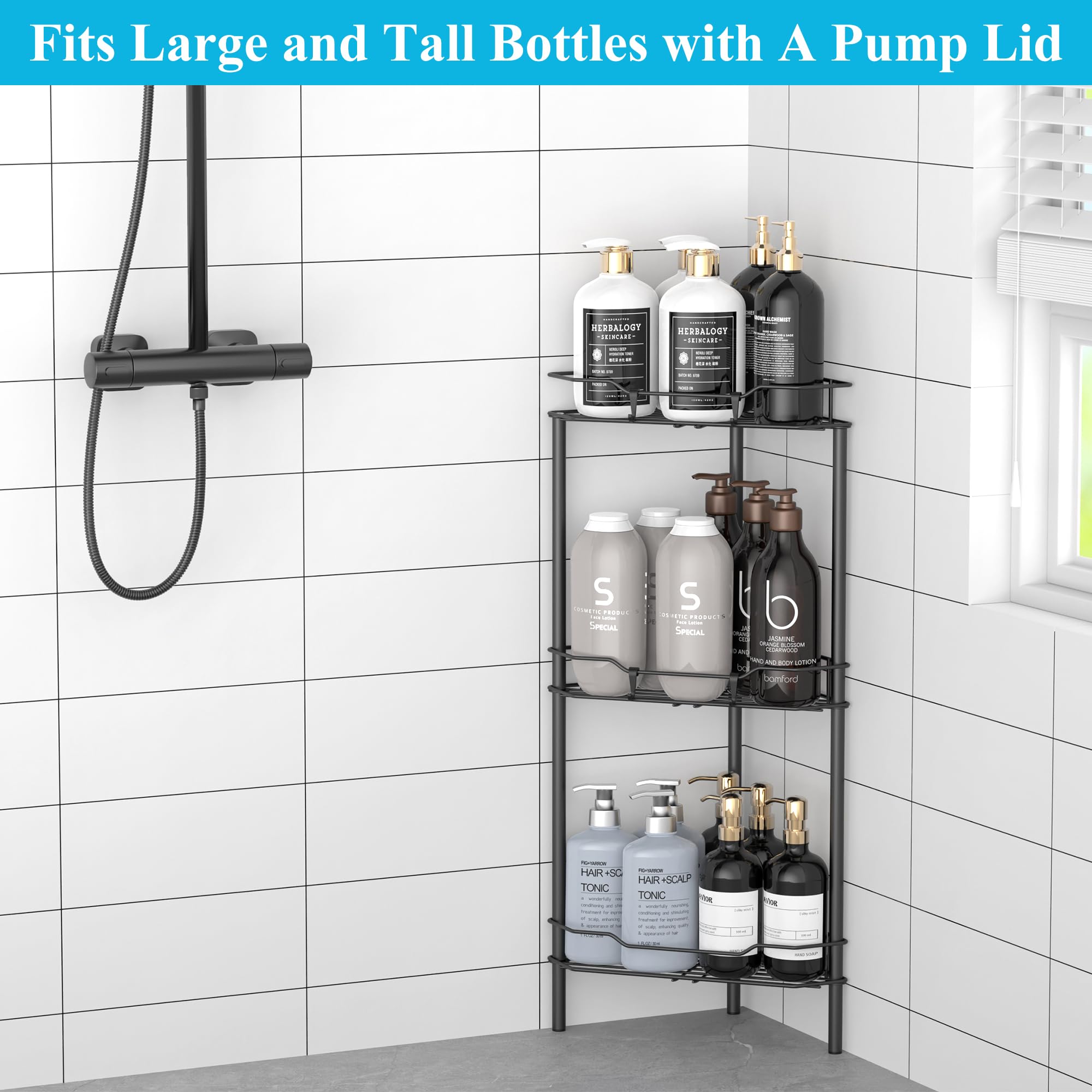 Huggiegems 3 Tier Floor Standing Corner Shower Caddy Organizer Shelf With Hooks, Bathroom Shelves Stand Rack, Matt Black