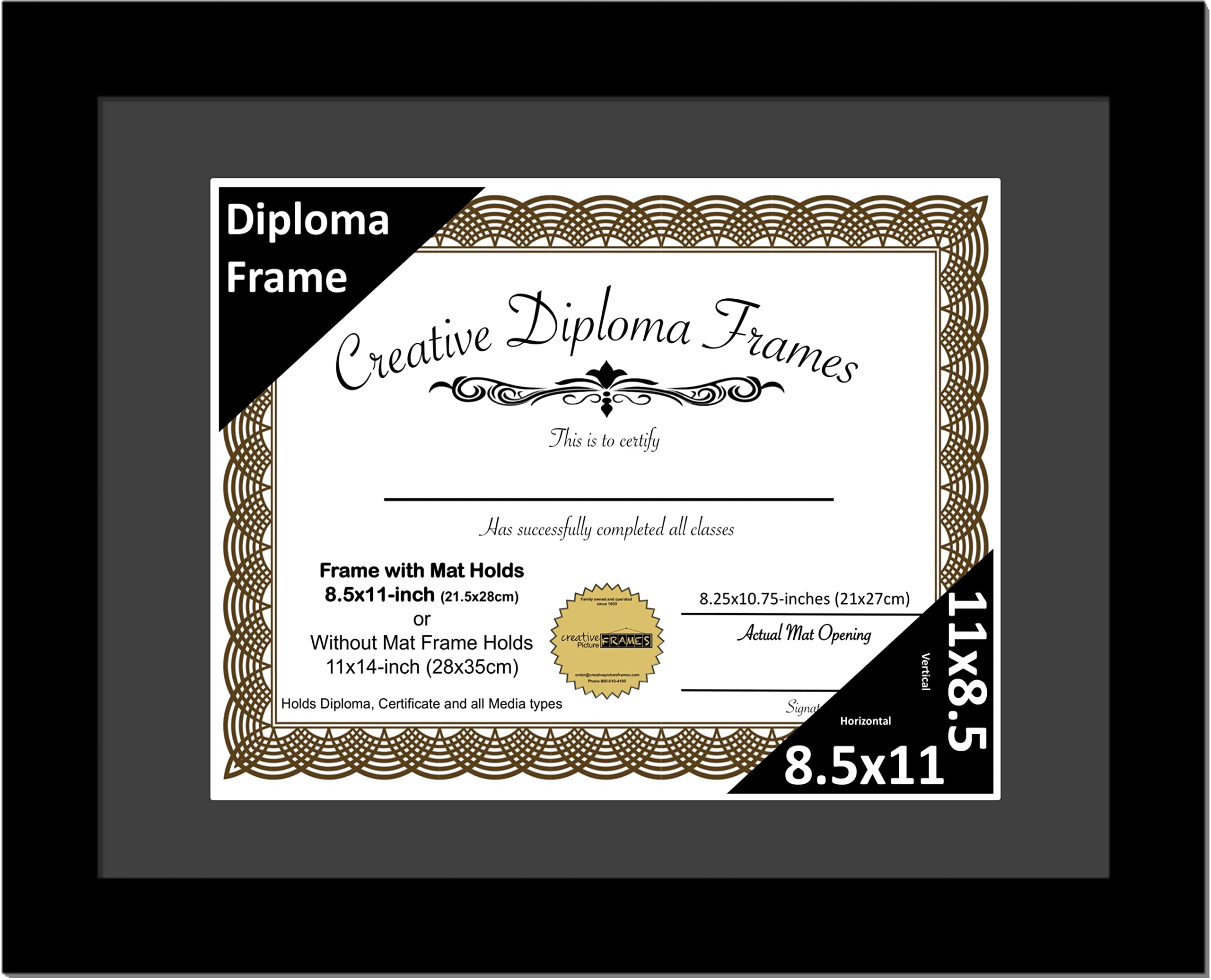 Creative Picture Frames 8.5x11 Classic Black Diploma Frame with Black Mat Glass Easel and Installed Wall Hangers | Frame Holds 1