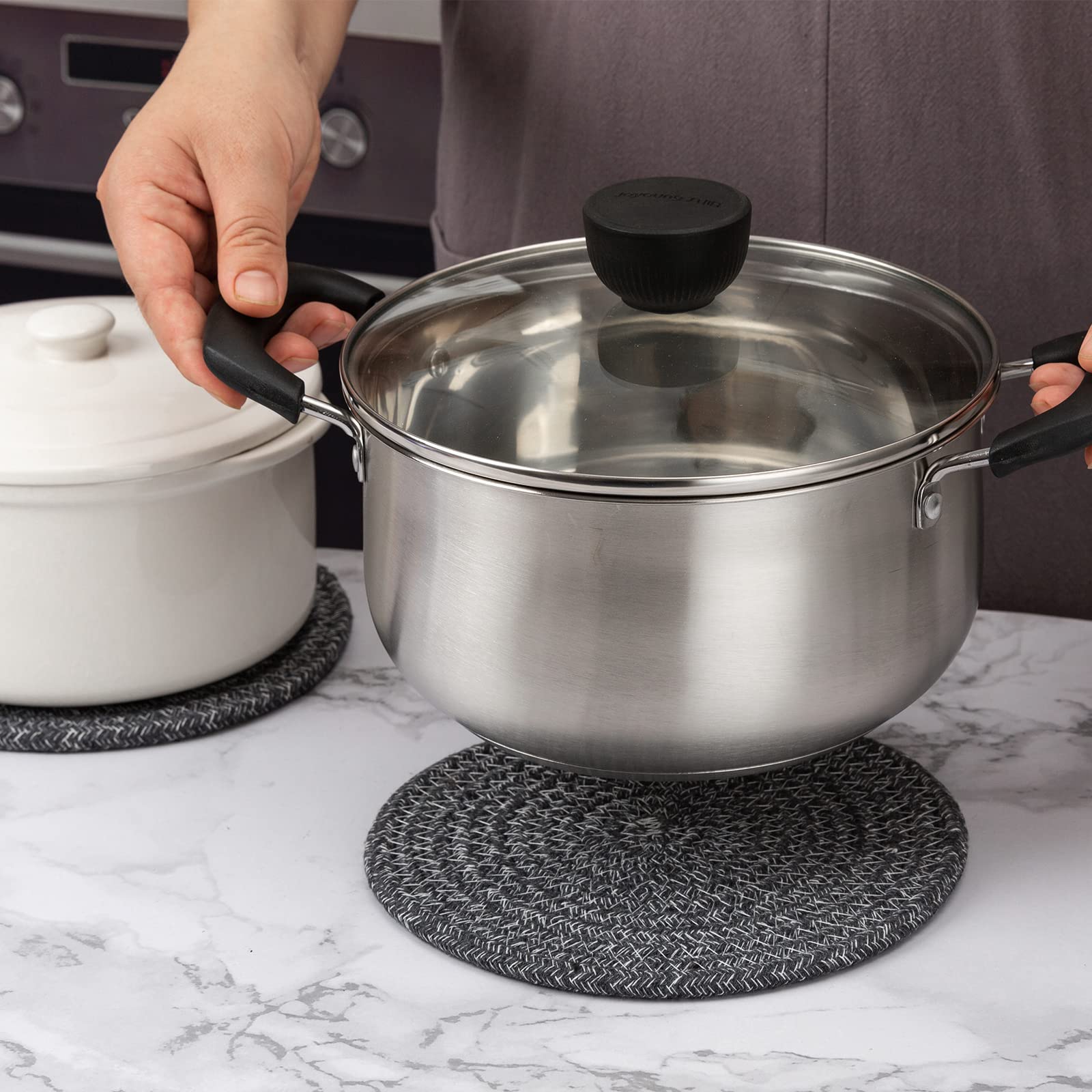 Dakartoon Cotton Trivets for Hot Dishes, 5 Pcs 8" Heat Resistant Mats, Deep Grey, Kitchen Essentials, Model KT102BRO