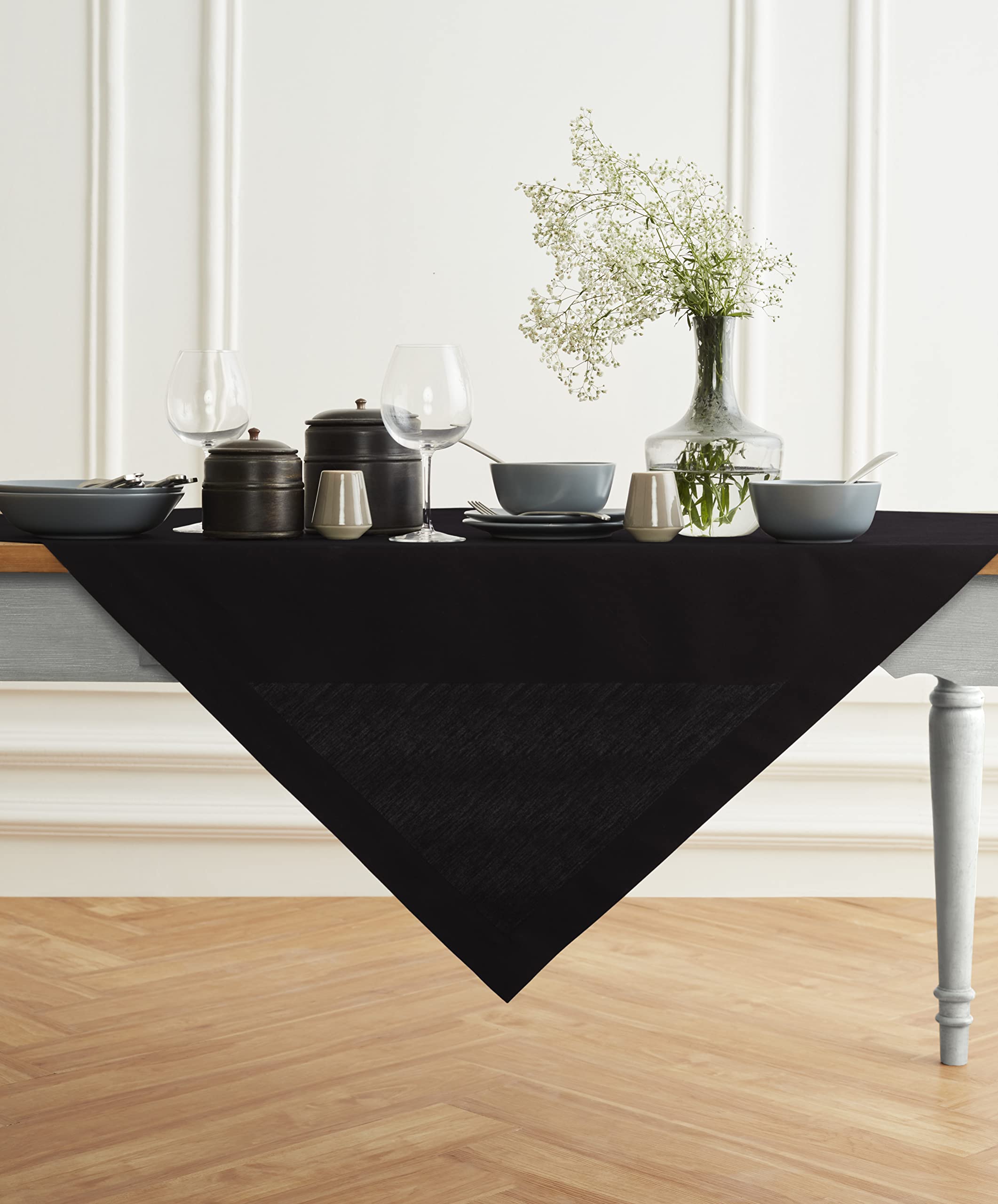 Solino Home Black Tablecloth - Cotton Linen Tablecloth 52 X 52 Inch - Machine Washable Dining Table Throw For Fall, Halloween, T
