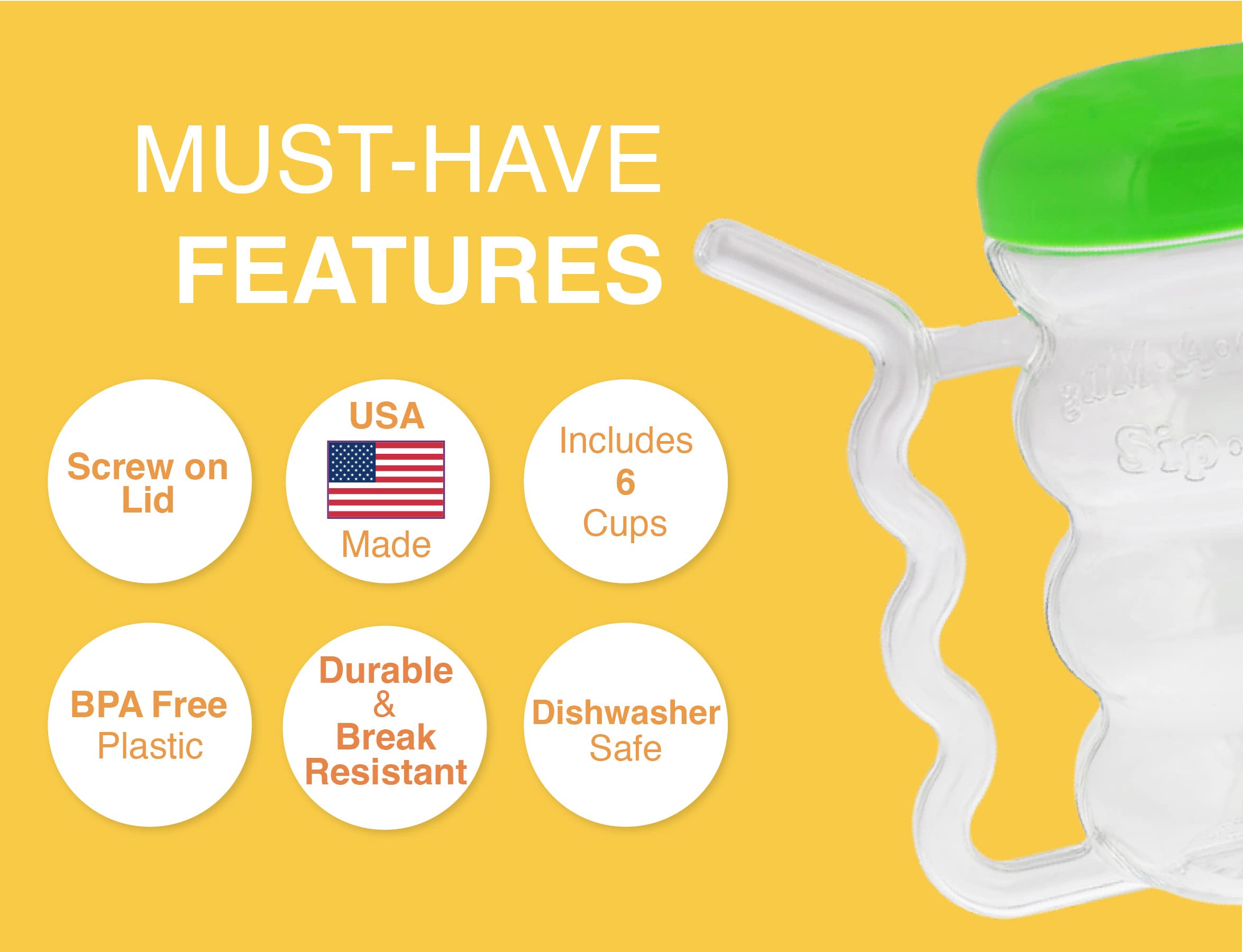 Arrow Home Products Sip-A-Mug  14oz  6pk - Easy to Grip Plastic Kid's Cup Where the Handle is the Straw - BPA-free with Screw-On Caps Great for Everyday Use  Made in the USA - Clear with Color Lids