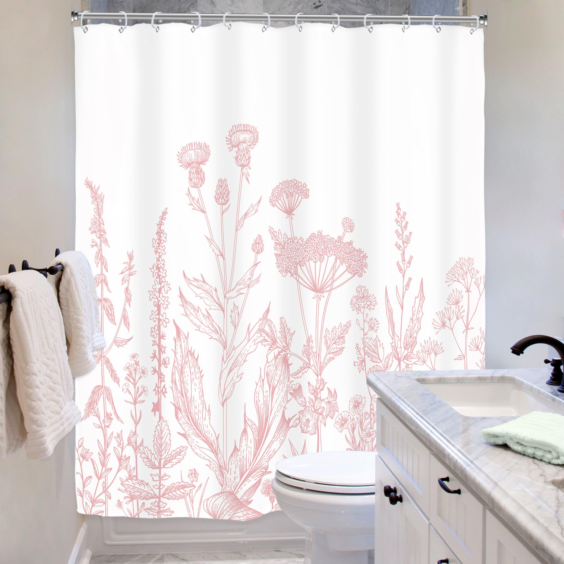 Riyidecor Pink Floral Wildflower Shower Curtain For Bathroom Decor 60Wx72H Girls Rustic Flower Botanical Farm Plant Leaves Herbs