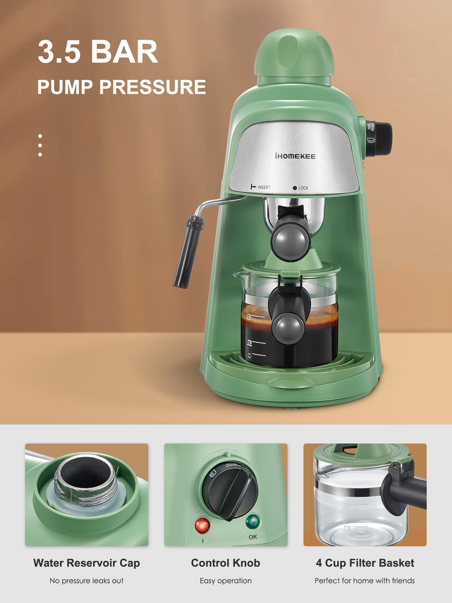 Ihomekee Espresso Machine, 3.5Bar Espresso And Cappuccino Machine With Fast Heating Function, 1-4 Cups Coffee Maker With Milk Fr