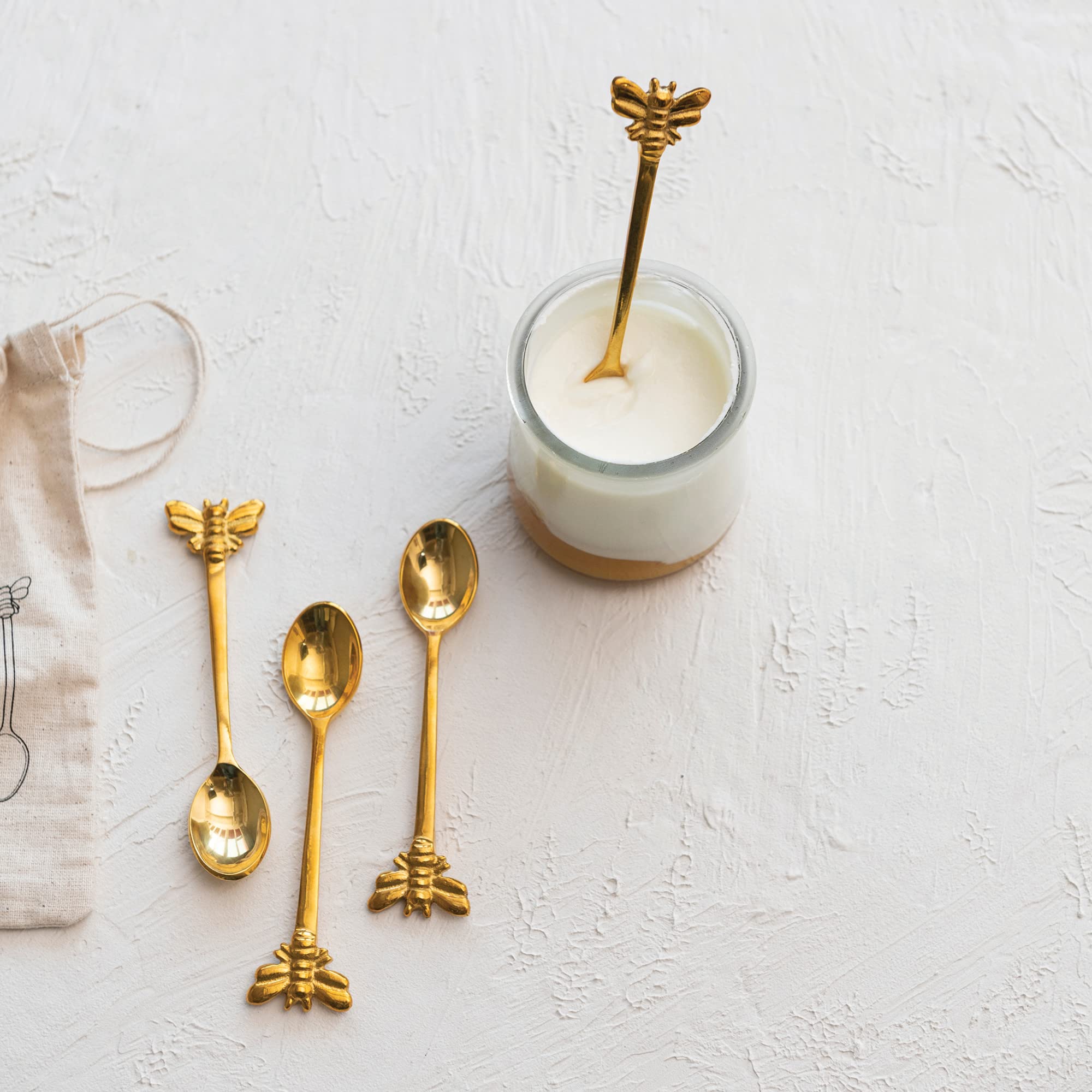 Creative Co-Op Farmhouse Brass Bee Handles In Drawstring Bag, Finish Spoon