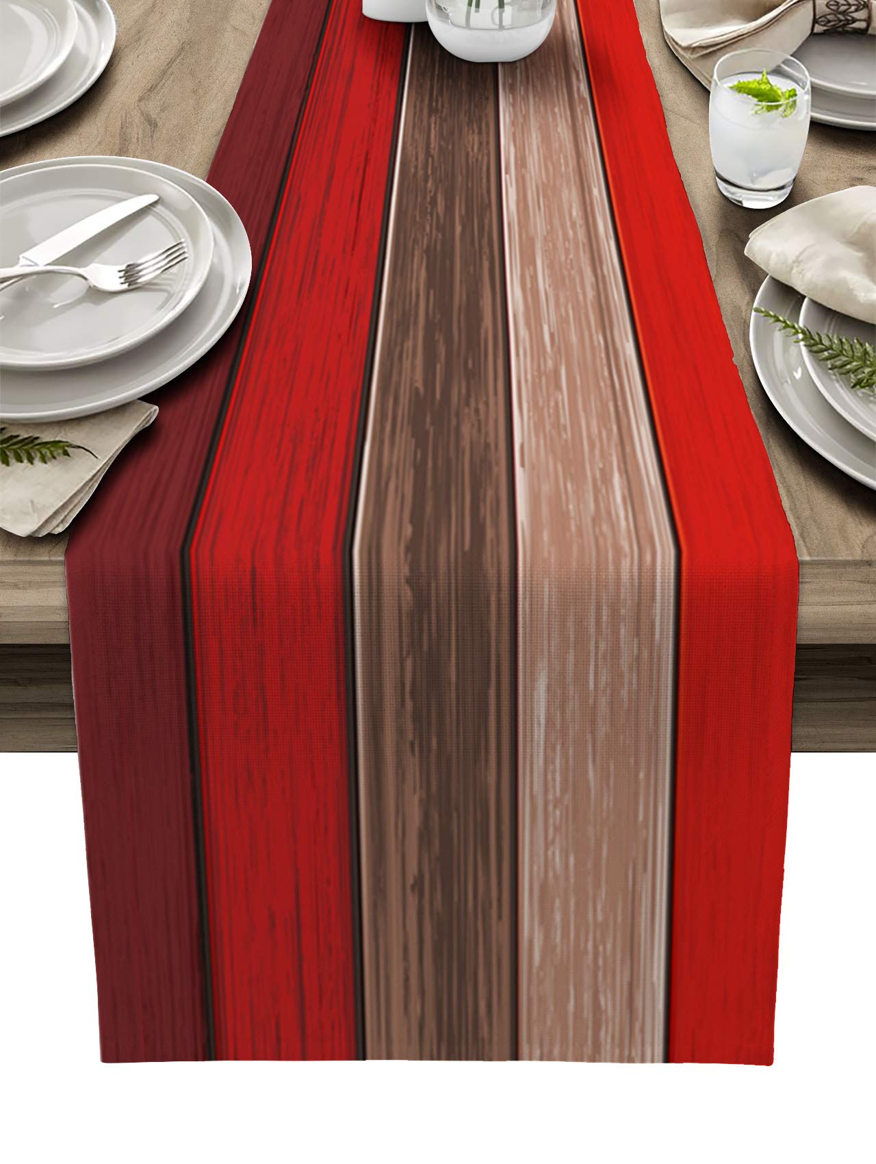 Farmhouse Christmas Table Runners 70 Inches Long ,Non-Slip Rectangle Cotton Linen Ombre Red Brown Holiday Runners, Retro Rustic