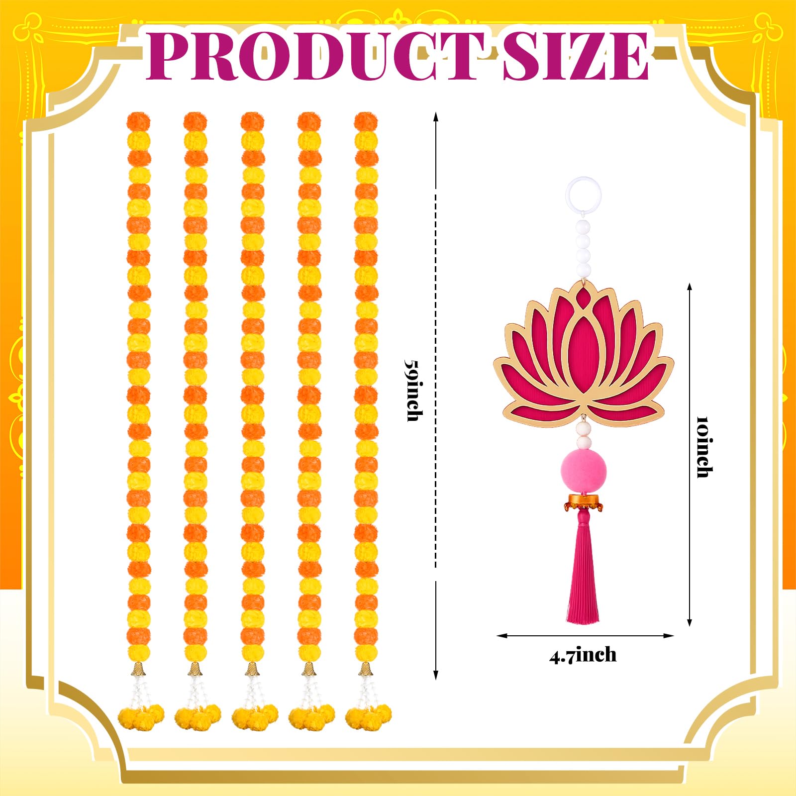 11 Pcs Diwali Decoration 5 Pcs 4.92 ft Marigold Garland Decoration with String Light 6 Lotus Hanging Ornament Indian Decor for P