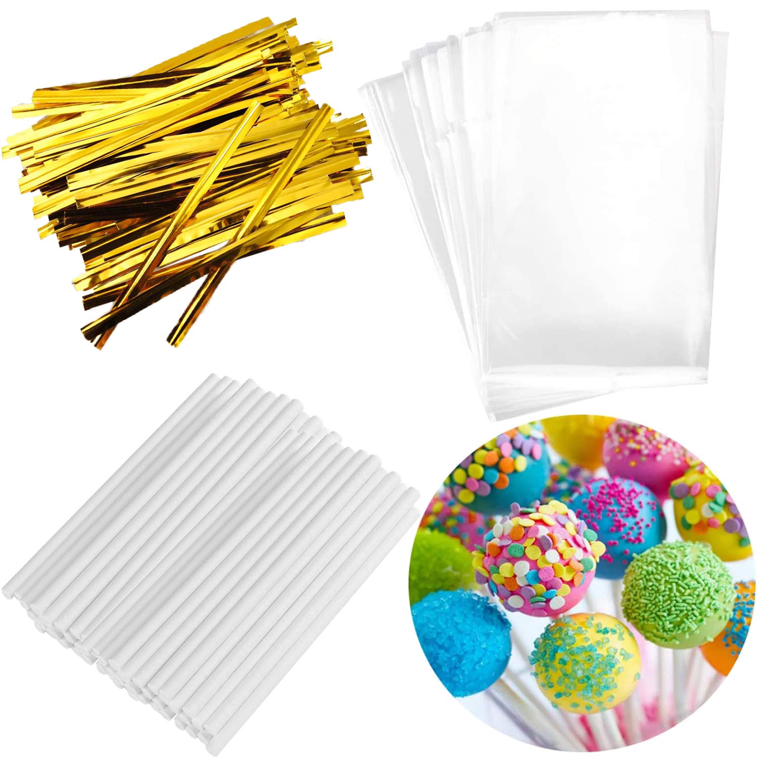300Pcs Lollipop Cake Pop Treat Bag Set Including 100Pcs Parcel Bags, 100Pcs Papery Treat Sticks, 100Pcs Gold Metallic Twist Ties