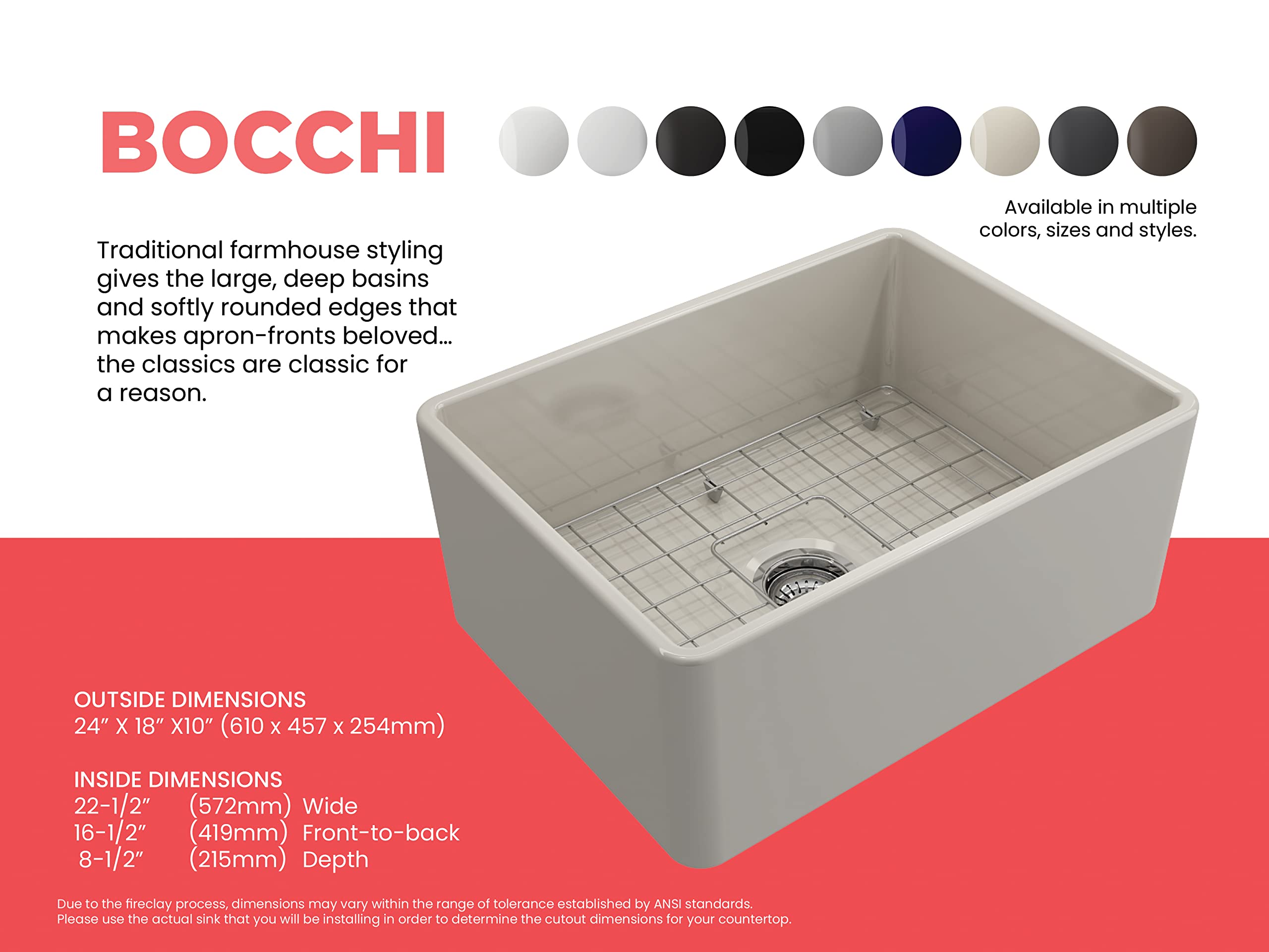 Bocchi Classico Farmhouse Apron Front Fireclay 24 In. Single Bowl Kitchen Sink With Protective Bottom Grid And Strainer In Biscu