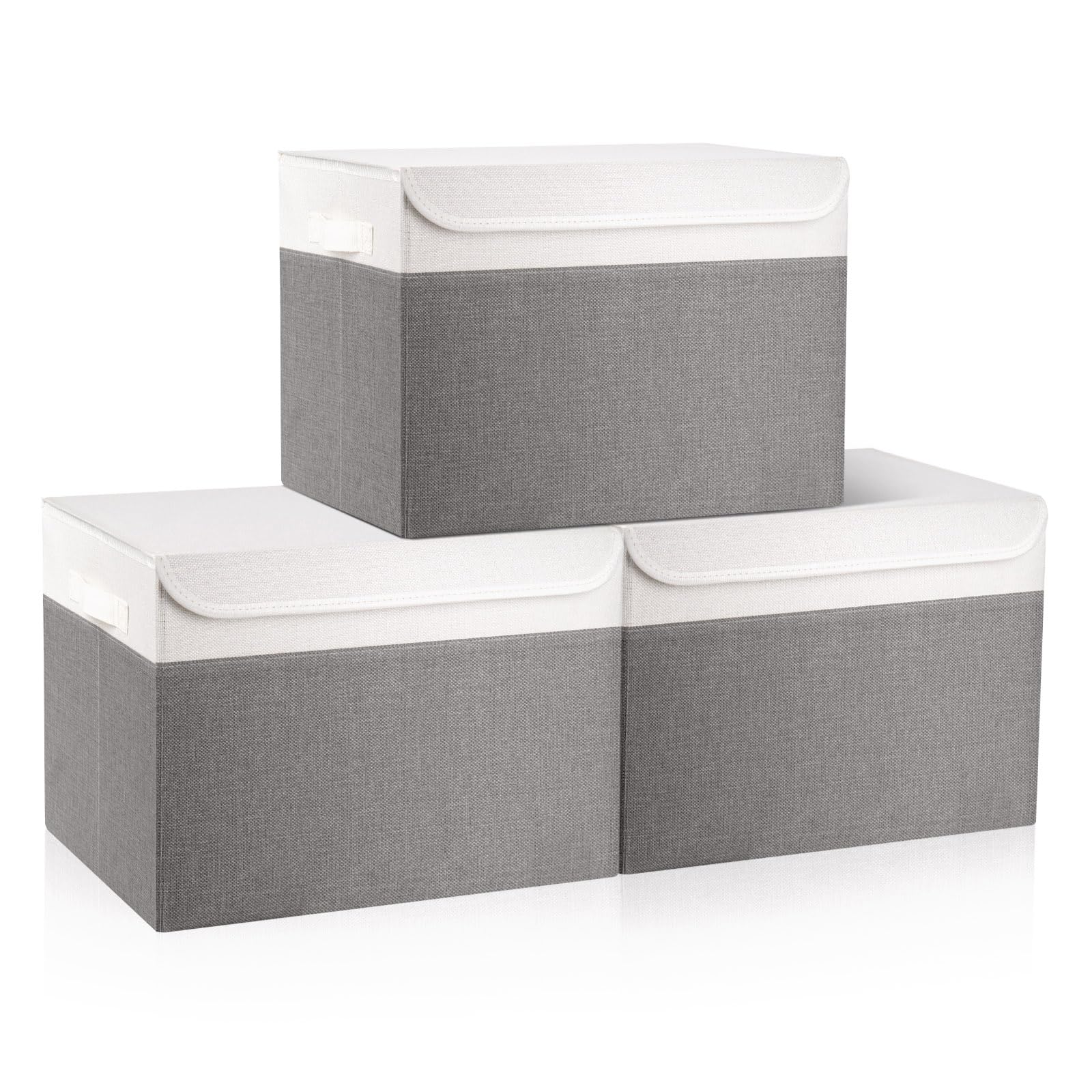 Bagnizer Large 17'' 42 Quarts Collapsible Stackable Storage Bins With Lids [3-Pack] Foldable Fabric Linen Storage Boxes Cube, Cl