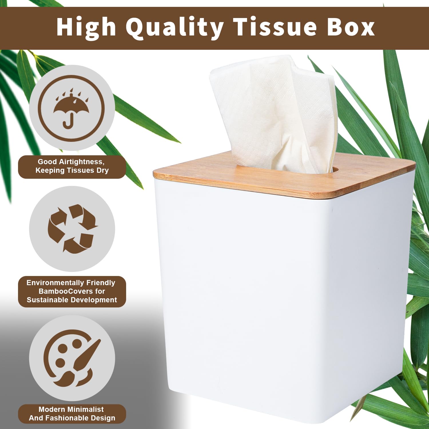 Tissue Box Cover Square,Tissue Box Holder With Bamboo Lid,Tissue Dryer Sheet Holder For Modern Farmhouse Boho Decor,1 Pack,(Whit