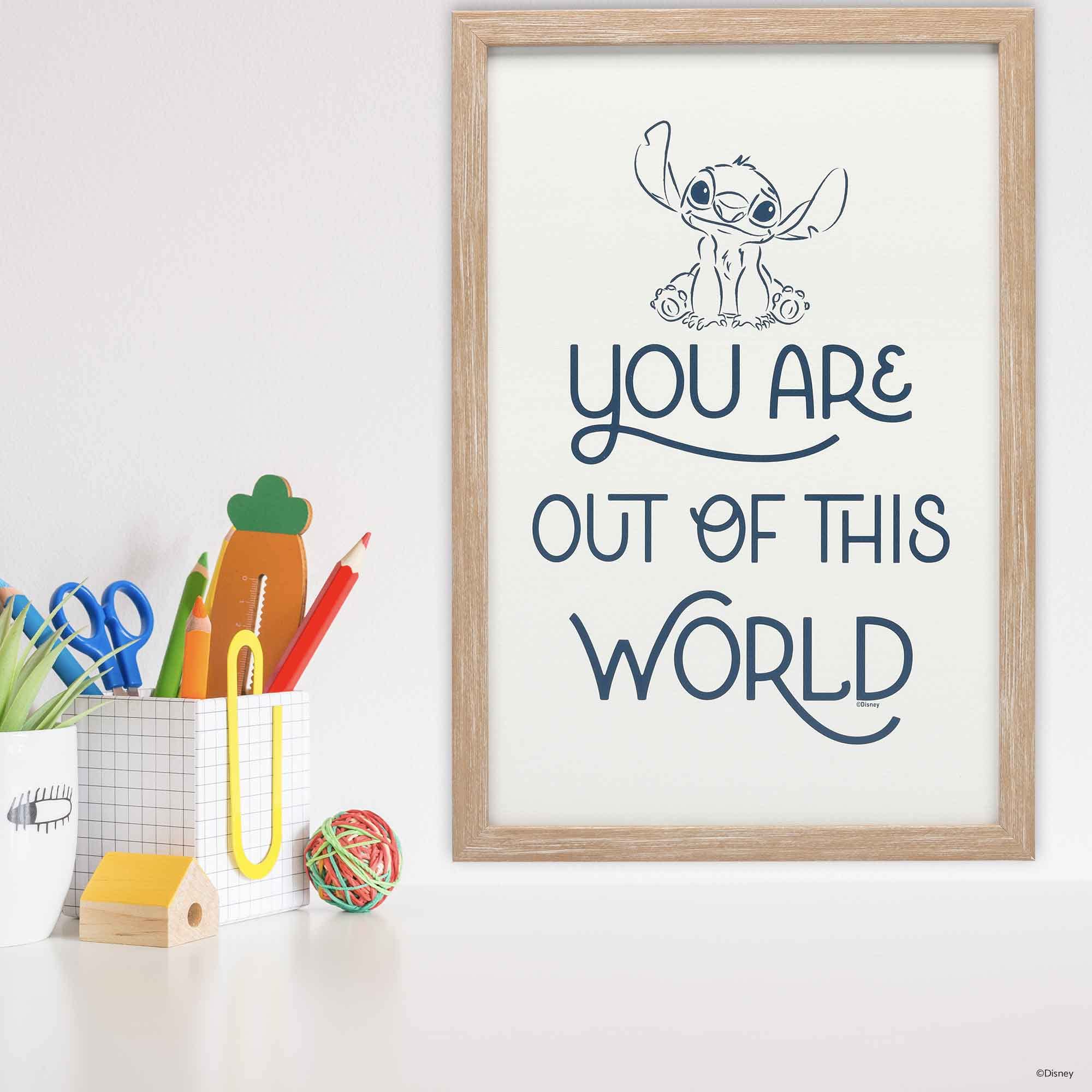 Disney Lilo And Stitch Out Of This World Framed Wood Wall Decor - Cute Stitch Wall Art For Kids' Bedroom Or Movie Room