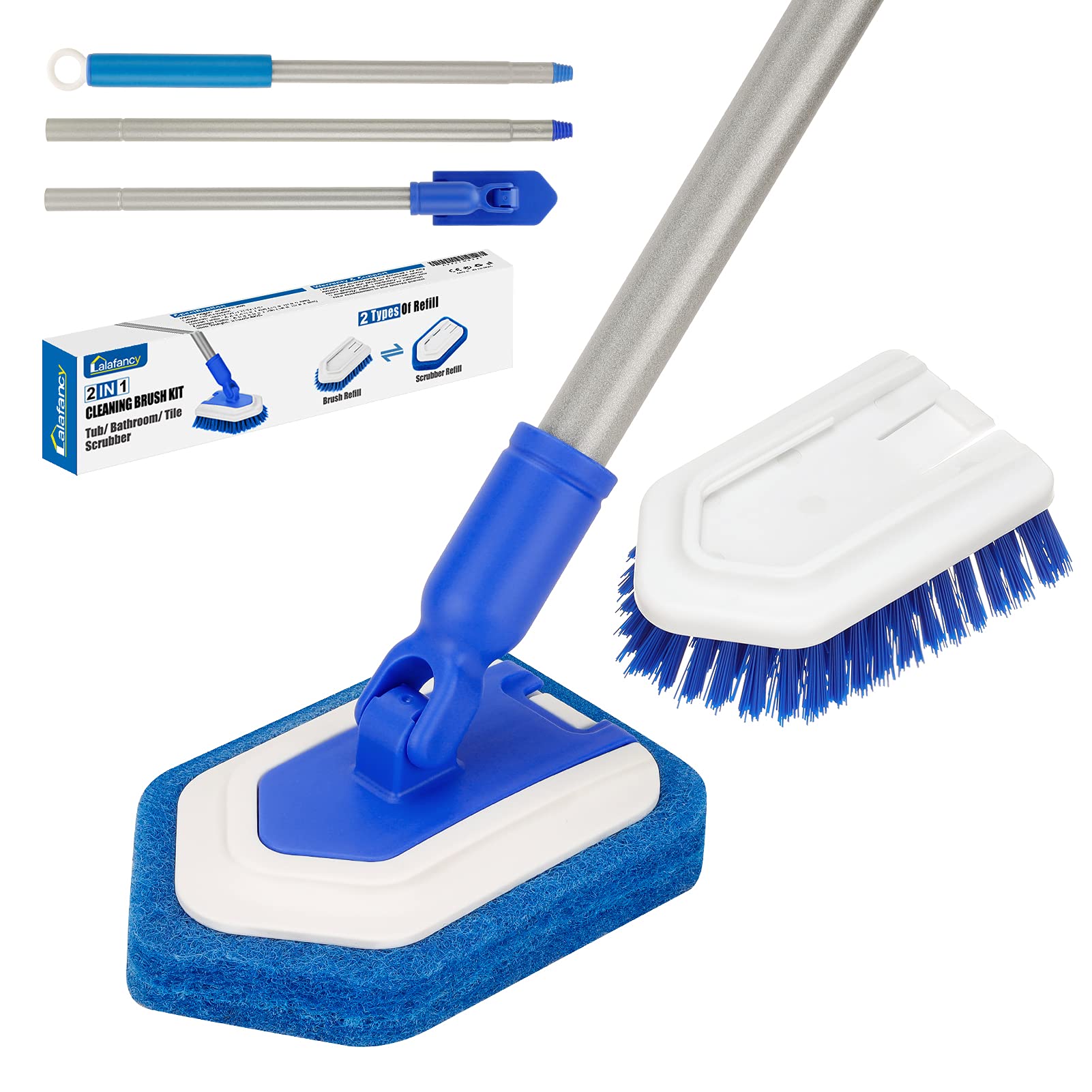 Lalafancy Bathroom Scrubber With Extendable Long Handle 50'' -2-In-1 Tub And Tile Cleaning Brush Interchangeable Head Attachment