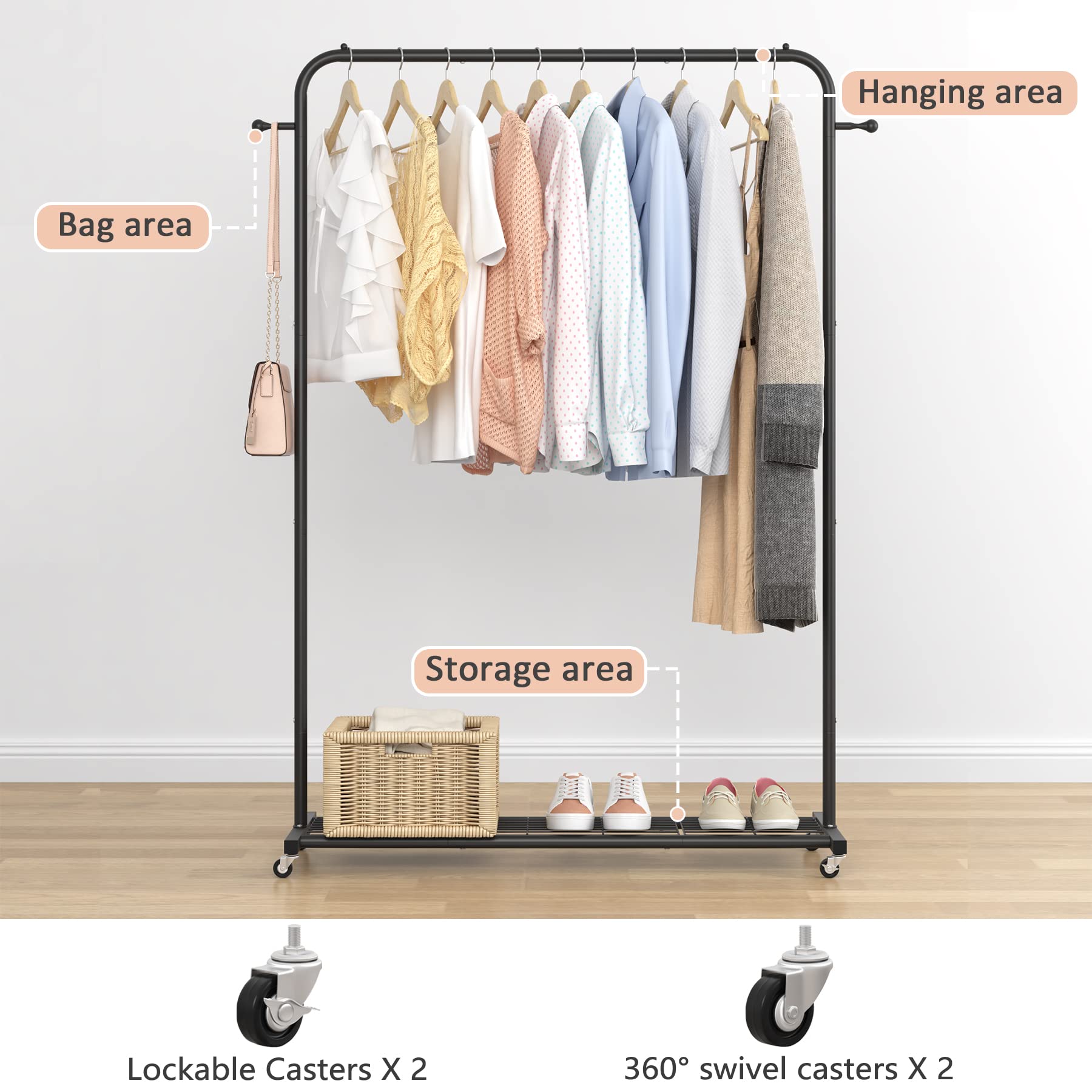 Sywhitta Clothes Rack On Wheels With Bottom Mesh Storage Shelf,Sturdy Metal Frame,Rolling Garment Rack For Hanging Clothes,Coats