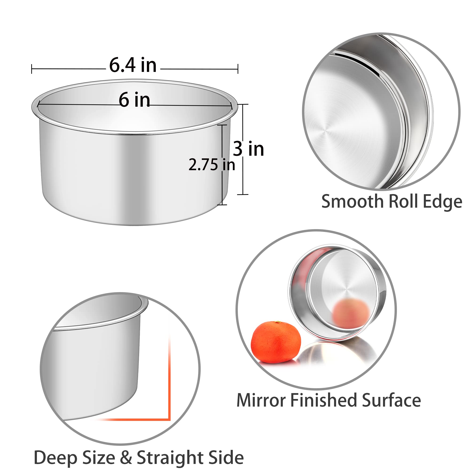 TeamFar 6 Inch Cake Pan Set of 3  6 x 3 Round Cake Pan Deep Tier Baking Cake Pans Stainless Steel  For Birthday Wedding Party  Healthy & Toxic Free  Deep & Straight Size  Oven & Dishwasher Safe