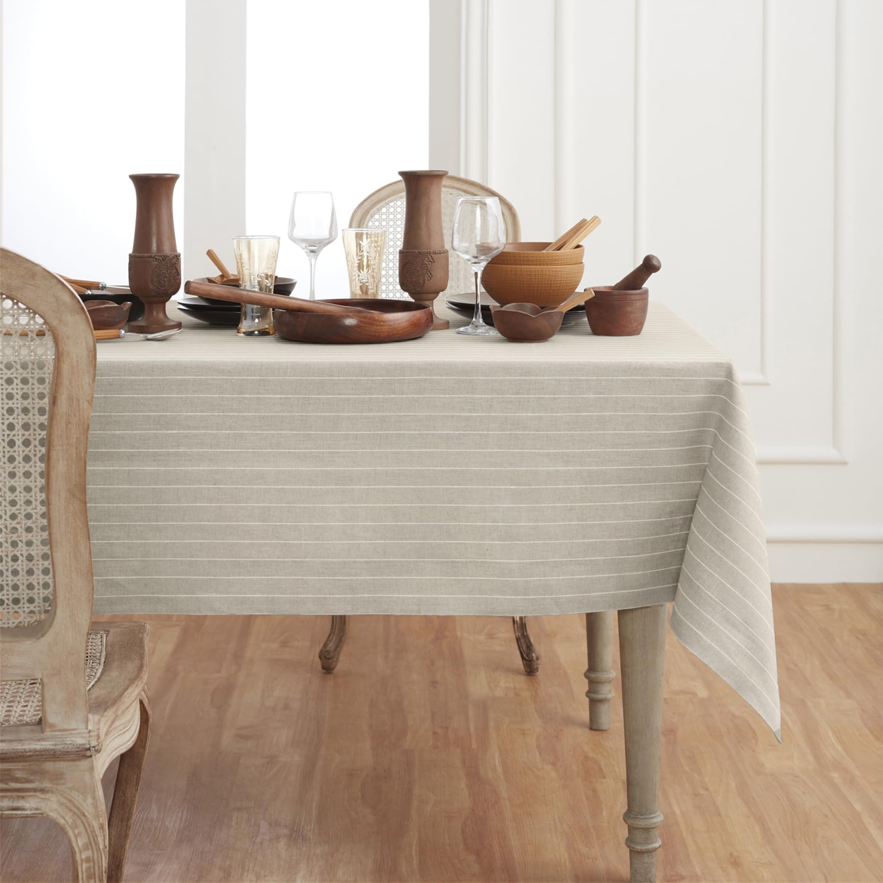 Solino Home Pinstripe Linen Tablecloth 120'' L X 60'' W Inch - 100% Pure Linen Natural And White Tablecloth For Spring, Easter -