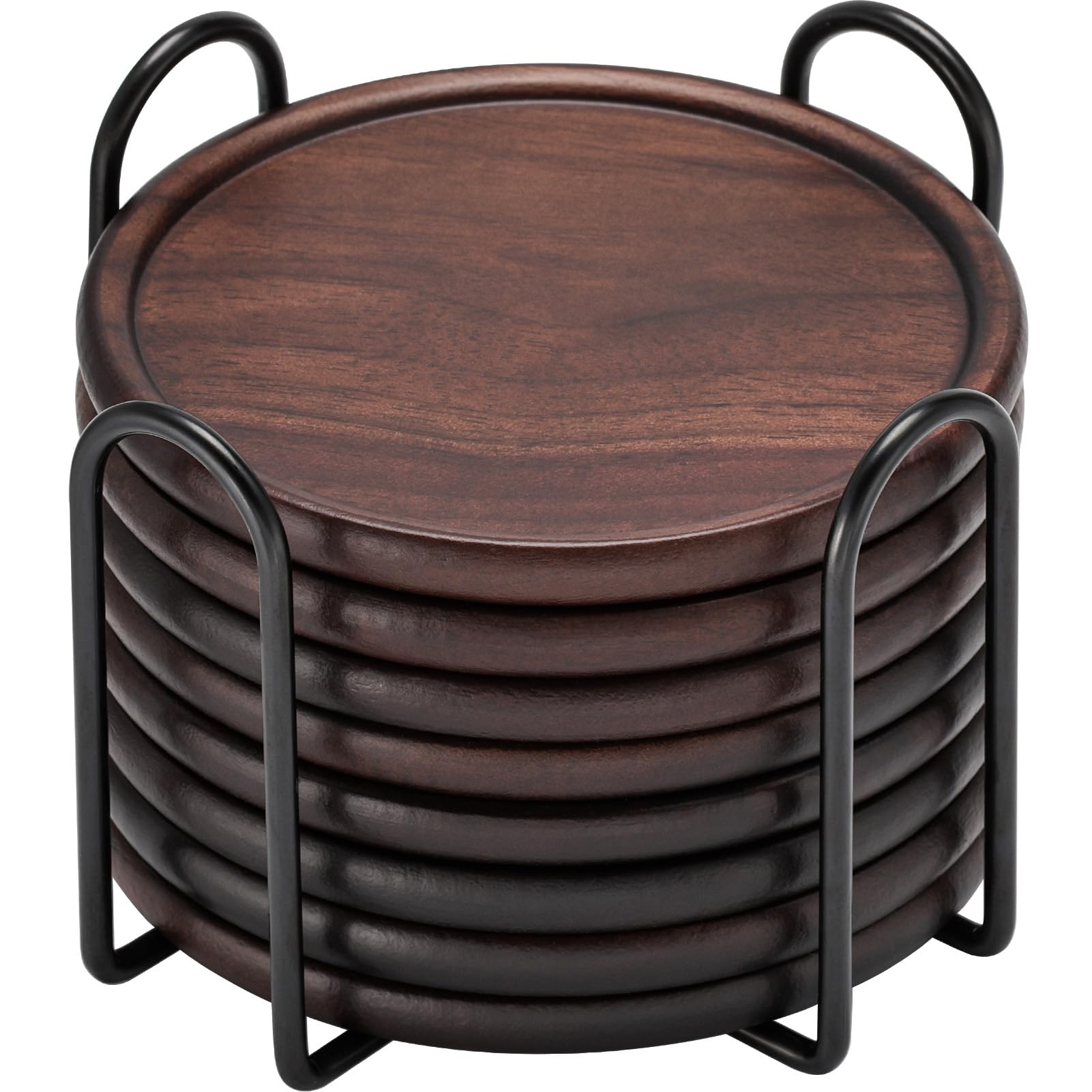 Wood Drink Coasters with Metal Holder  GOH DODD 4 Inch 8 Pieces Wooden Coasters Cup Coaster Set for Bar Kitchen Home Apartment  Walnut Wood