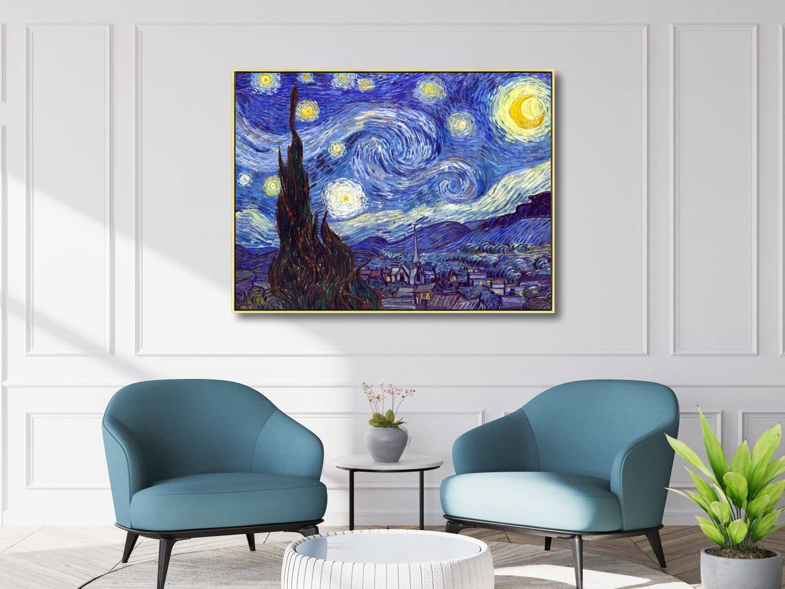 Wieco Art Large Framed Art Giclee Canvas Prints Of Starry Night By Vincent Van Gogh Paintings Reproduction Post-Impressionism Ar