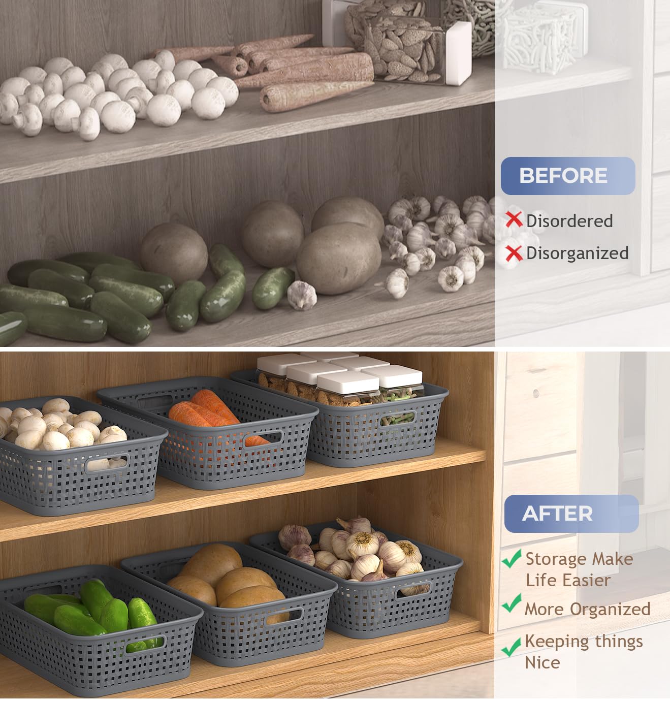 Fucdtefc 6 Pack Small Plastic Basket, Storage Bin Baskets For Organizing, Pantry Organizer Household Wicker Storage For Laundry