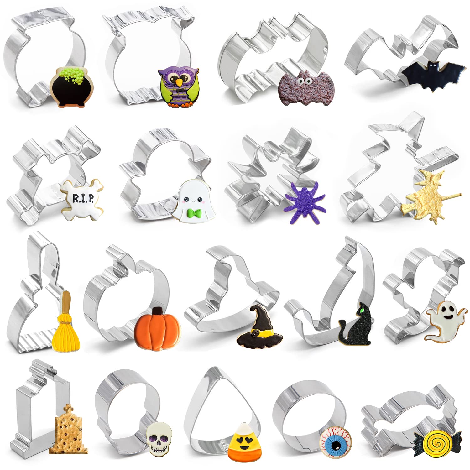 18Pcs Halloween Cookie Cutters - Pumpkin,Witch,Bat,Ghost,Cat,Tombstone,Spider, Skull,Candy Corn, Owl,Hat,Cauldron,Broom Party Su