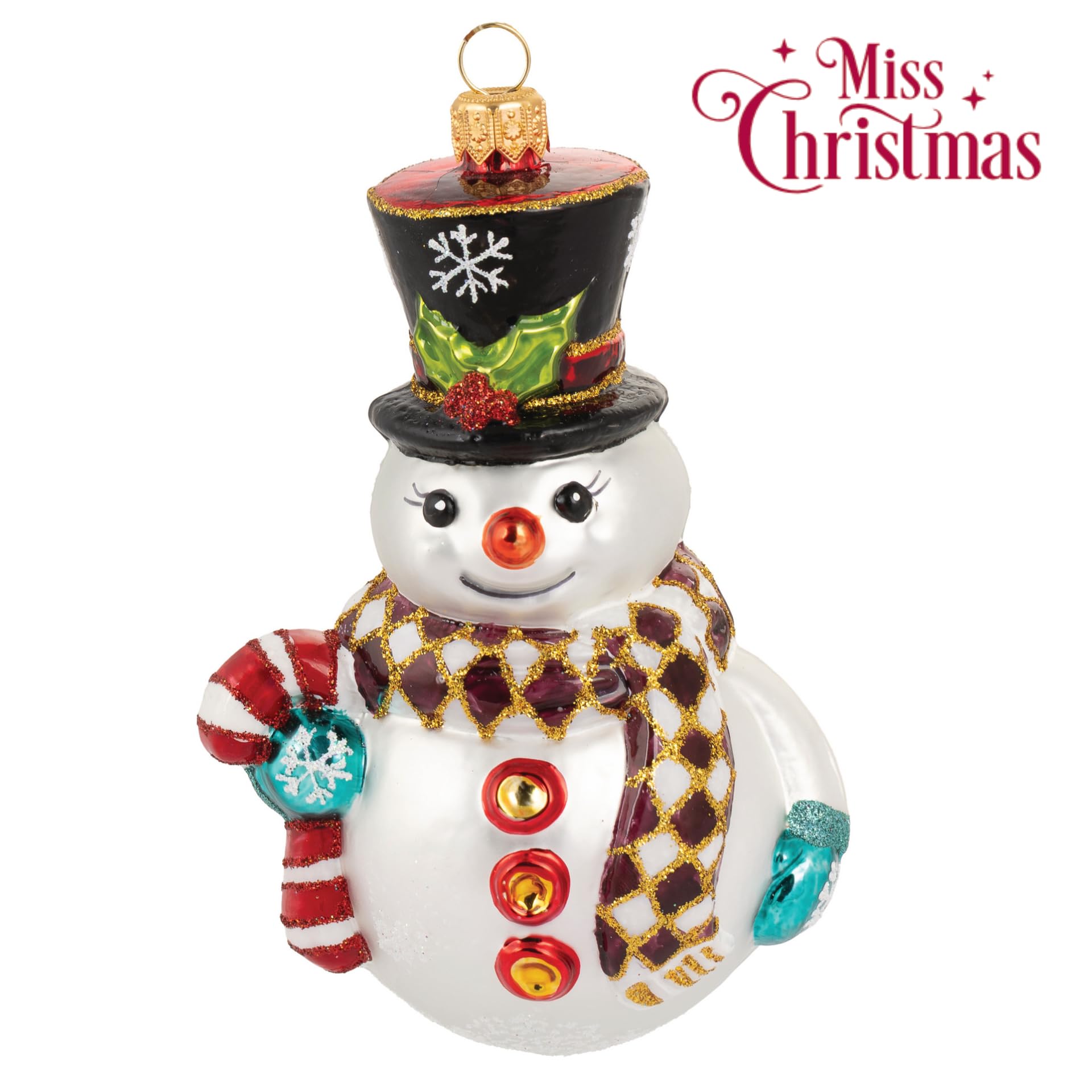 Miss Christmas 2025 Collection Fancy Snowman Blown Glass Christmas Tree Ornament (Merry Mister Frosty)