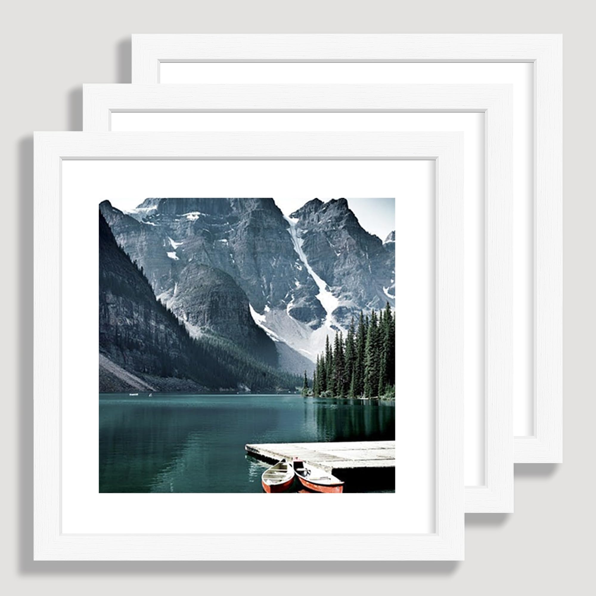 Hongkee 10x10 White Picture Frames set of 3, Made of Wooden and Real Glass Square Photo frame - Displays 8x8 Picture With Mat or