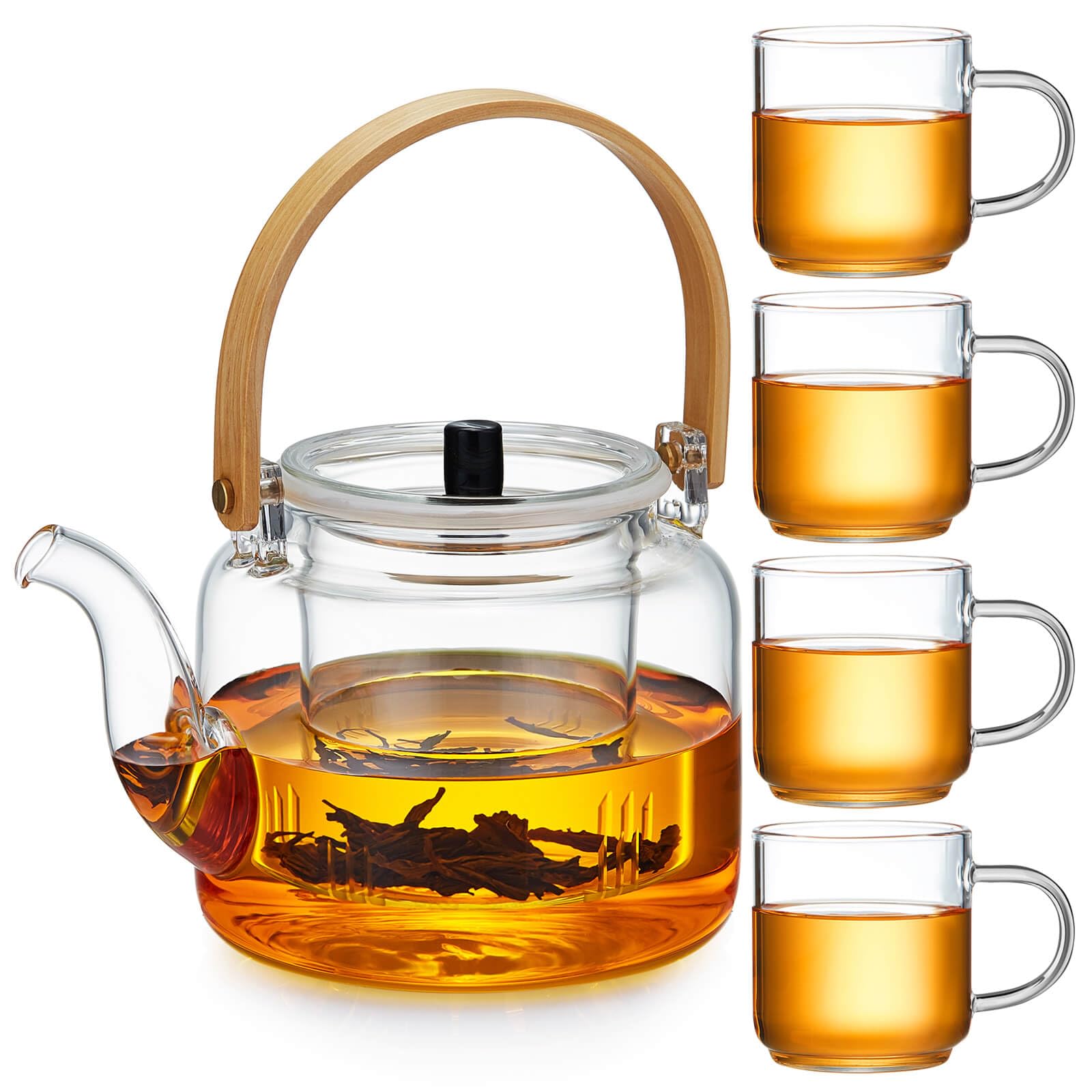 Glass Teapot Set, 37Oz/1100Ml Glass Tea Kettle With 4 Double Wall Teacups, Tea Pot With Infusers For Loose Tea, Stovetop & Micro