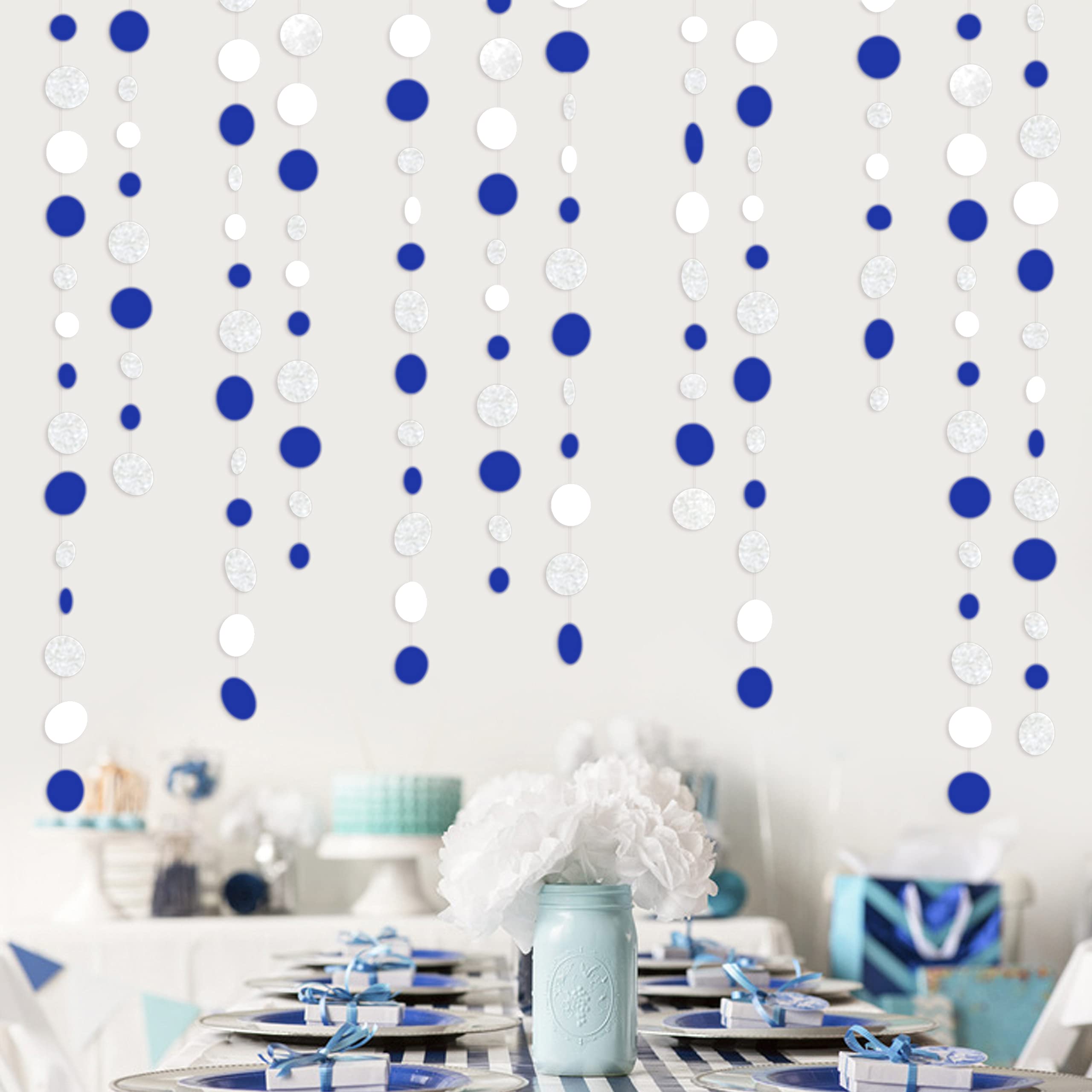 46 Feet Navy Blue White And Silver Circle Dots Garland Royal Blue Hanging Paper Polka Dots Streamer For Birthday Wedding Bridal