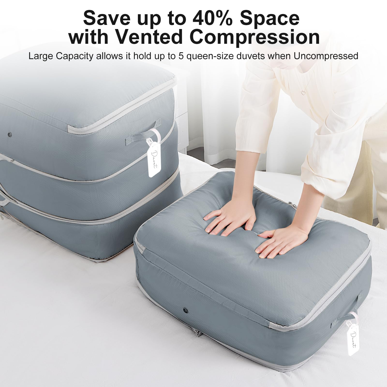 Dimj Comforter Storage Bag - 110L Ultra Space Saving Self Compression Organize For Duvet, Pillow, Bedding, Blanket Storage Organ