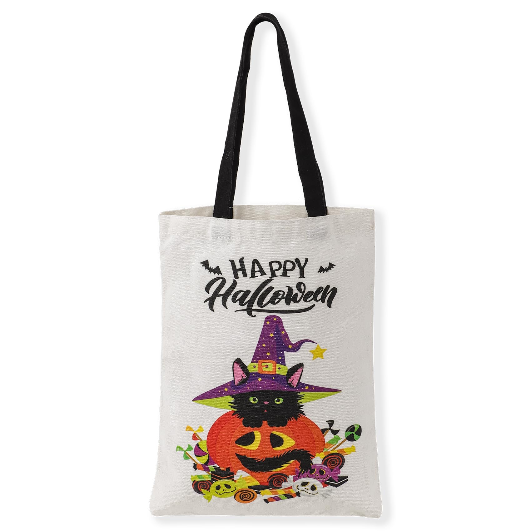 Atfunshop Halloween Tote Bag 15.7'' Trick Or Treat Bag Halloween Canvas Bags Reusable Large Halloween Grocery Bag For Kids Cat