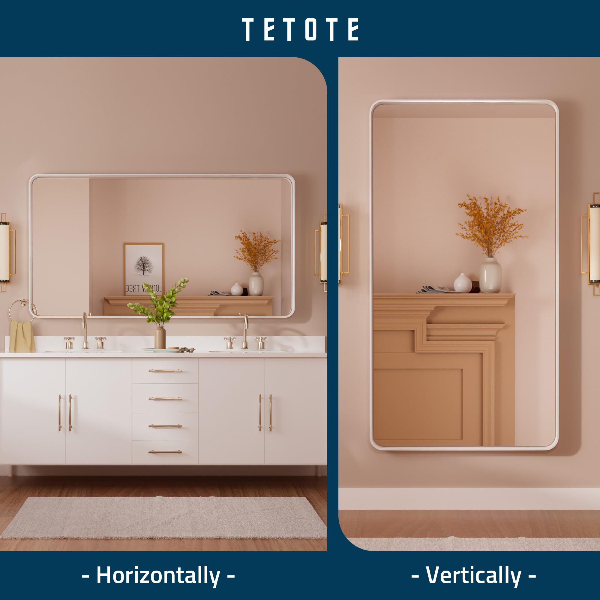 Tetote 55 X 30 Inch Bathroom Mirror, White Modern Metal Frame Rectangle Modern Farmhouse Wall Mounted Vanity Mirror With Sandy T