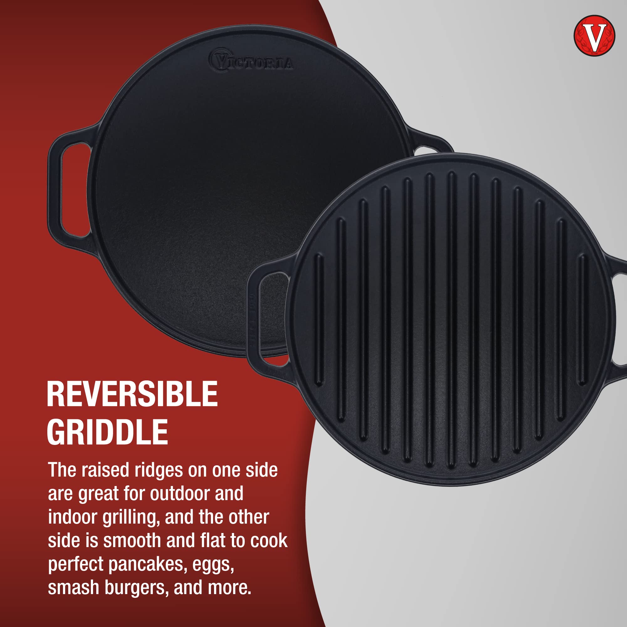 Victoria Round Cast Iron Grill. Double Burner Griddle, With Removable Coil Handles Seasoned With 100% Kobibir Certified Non-Gmo