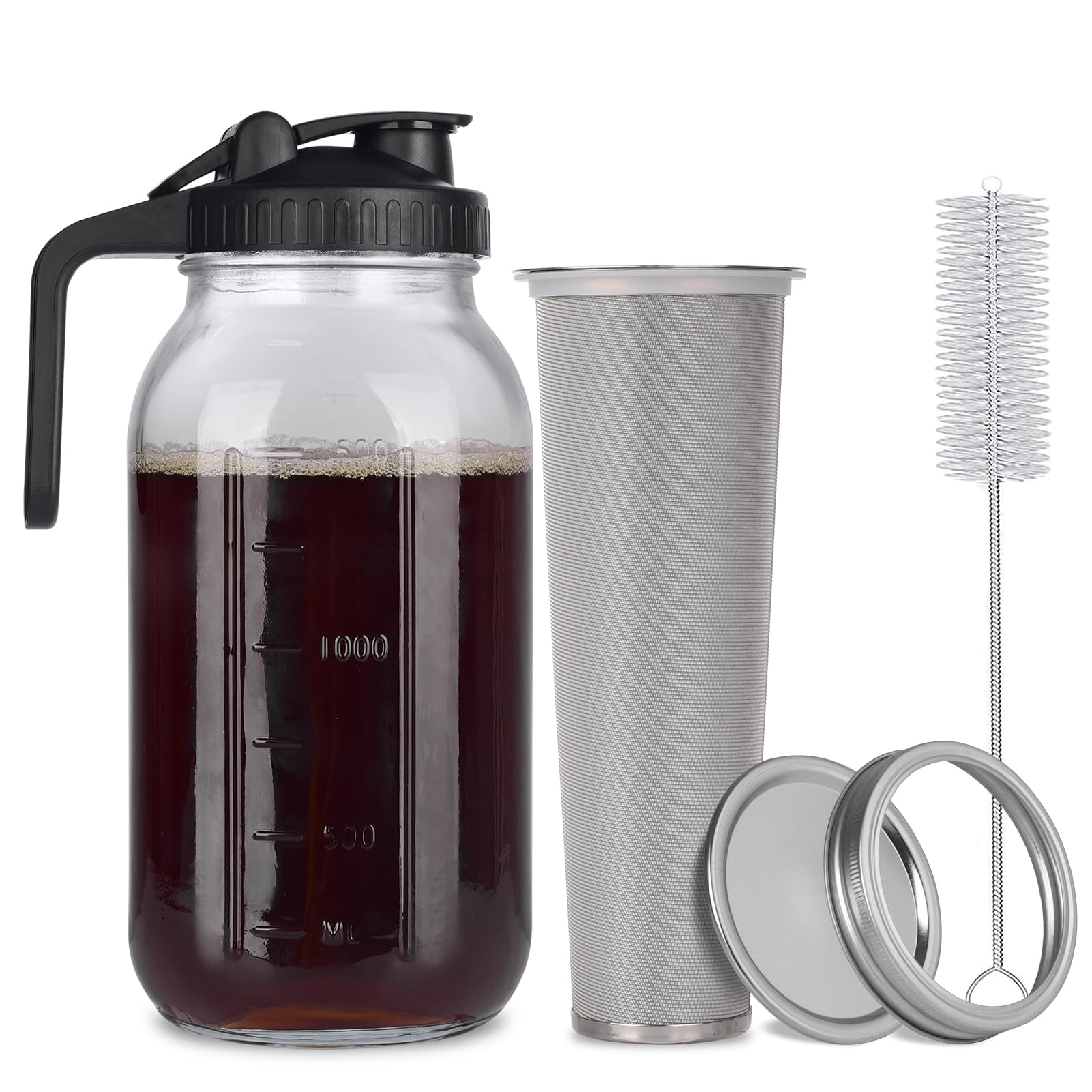 Cold Brew Mason Jar Iced Coffee Maker, Durable Glass, - 64 Oz (2 Quart / 1.9 Liter), With Handle& Stainless Steel Filter For Ice