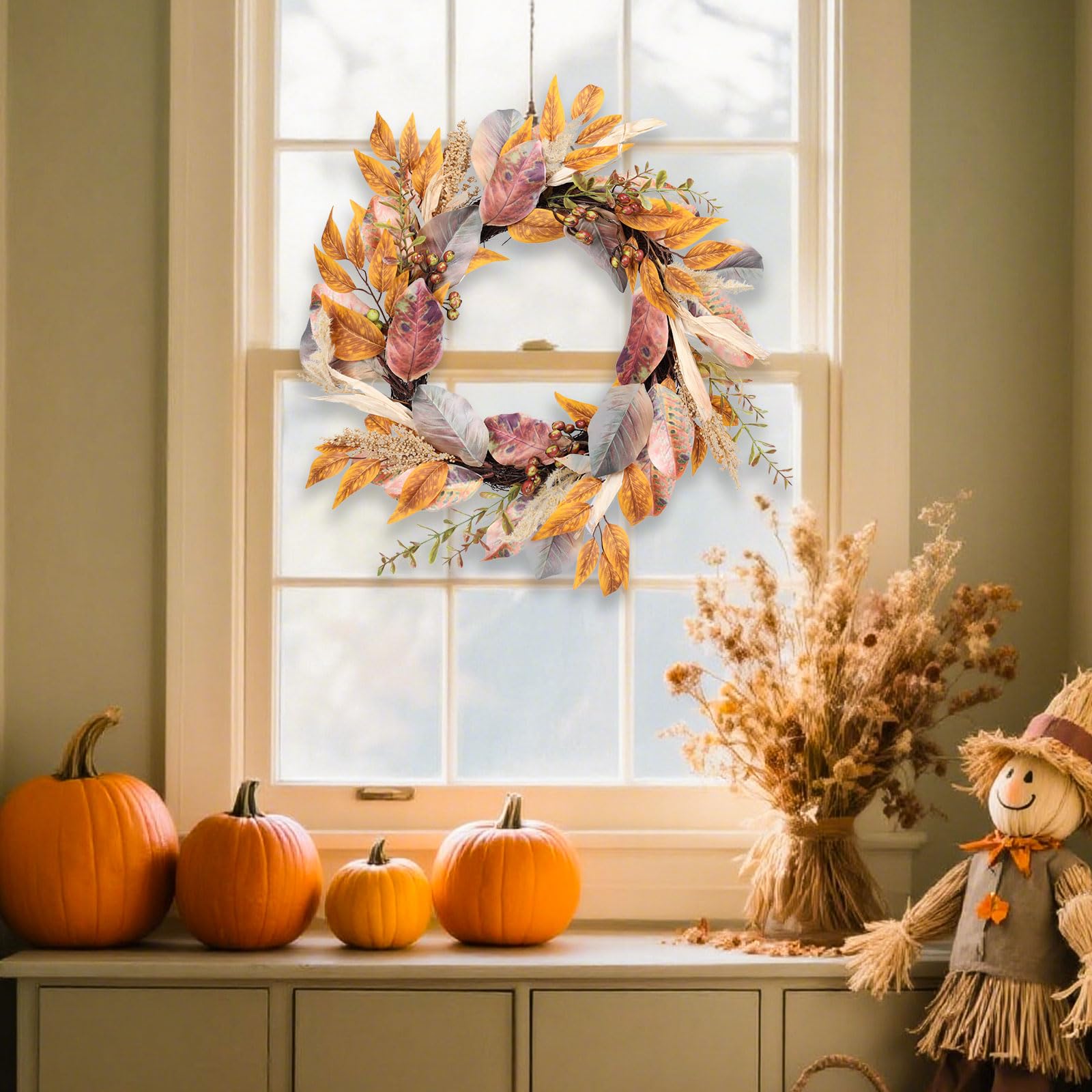 WONDER GARDEN 20 Inch Fall Wreath Autumn Harvest Front Door Wreath with Leaves, Berries for Indoor Outdoor Farmhouse Home Window