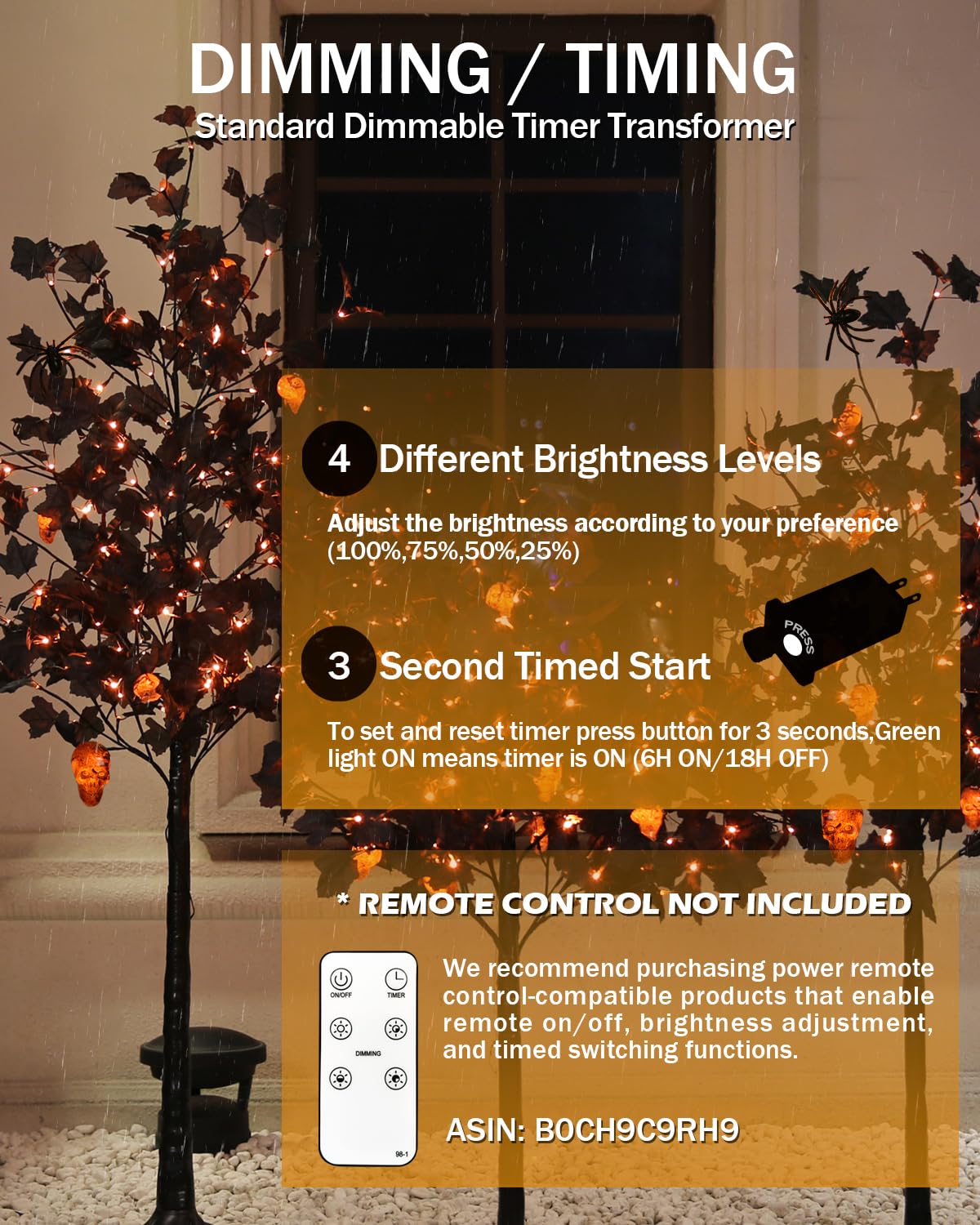TYBEEU Halloween Decor Set: 4ft/5ft/6ft Black Maple Trees with 384 LED, 24 Skull Lights & Spiders - Indoor/Outdoor Waterproof -